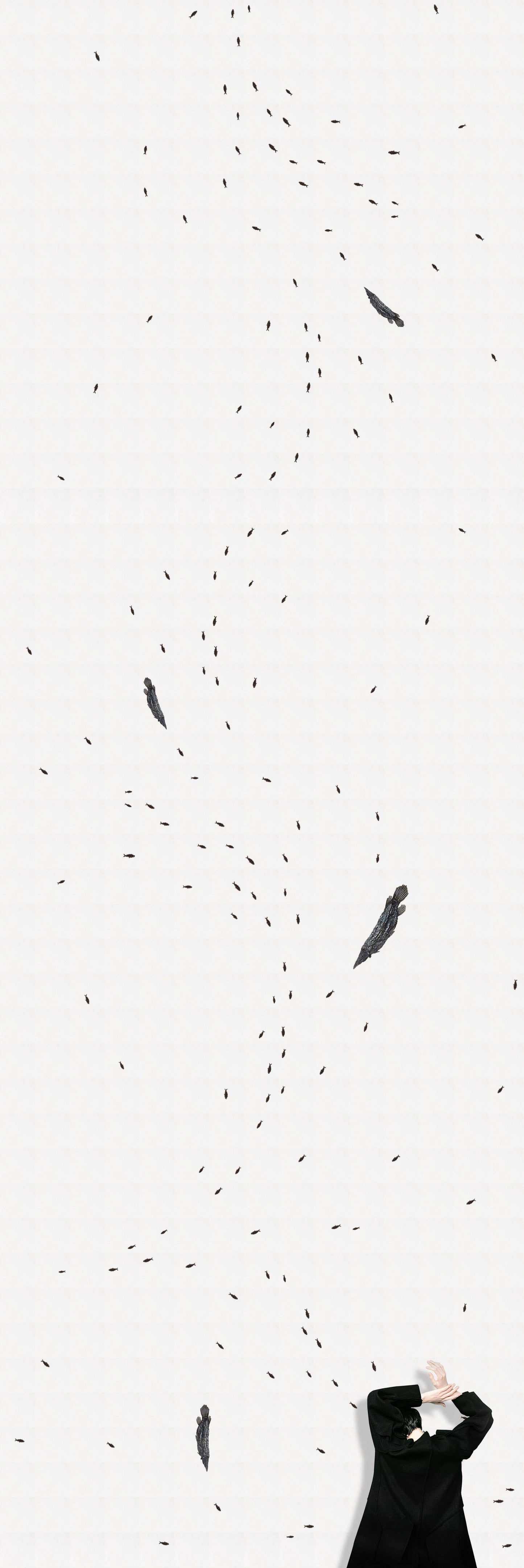 Artistic portrayal of floating feathers with a person in a black coat below, evoking a sense of tranquility.
