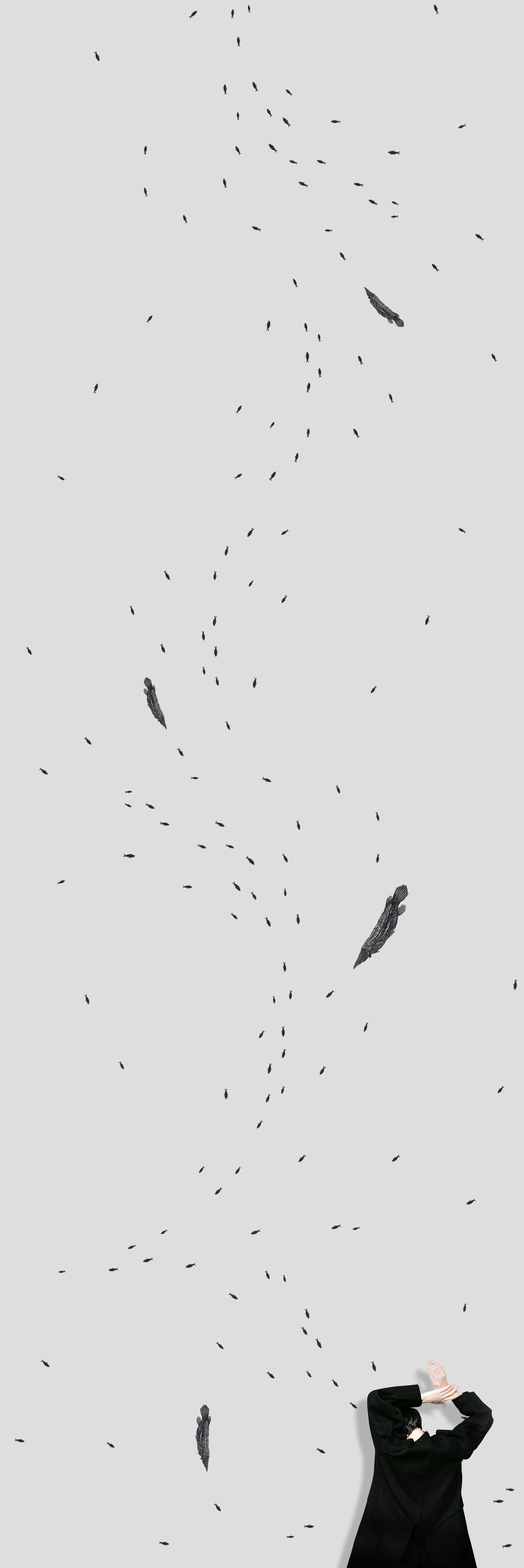 Abstract depiction of fish swimming upwards, featuring a person in black observing the serene aquatic scene.