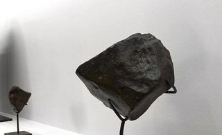 A large 4kg meteorite cradled on a bronze stand inside a large modern sleek cabinet display