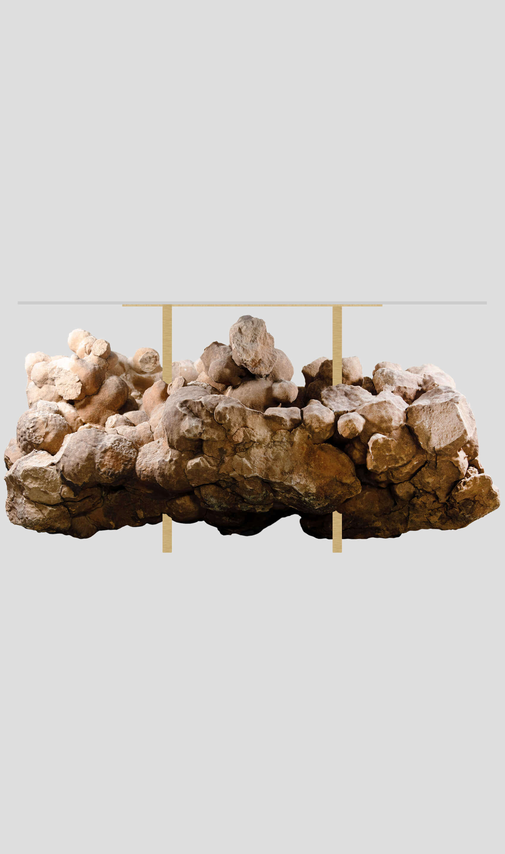 Ultra rare Desert Rosette Crystal table with gold aluminum frame, showcasing ancient earth formations.