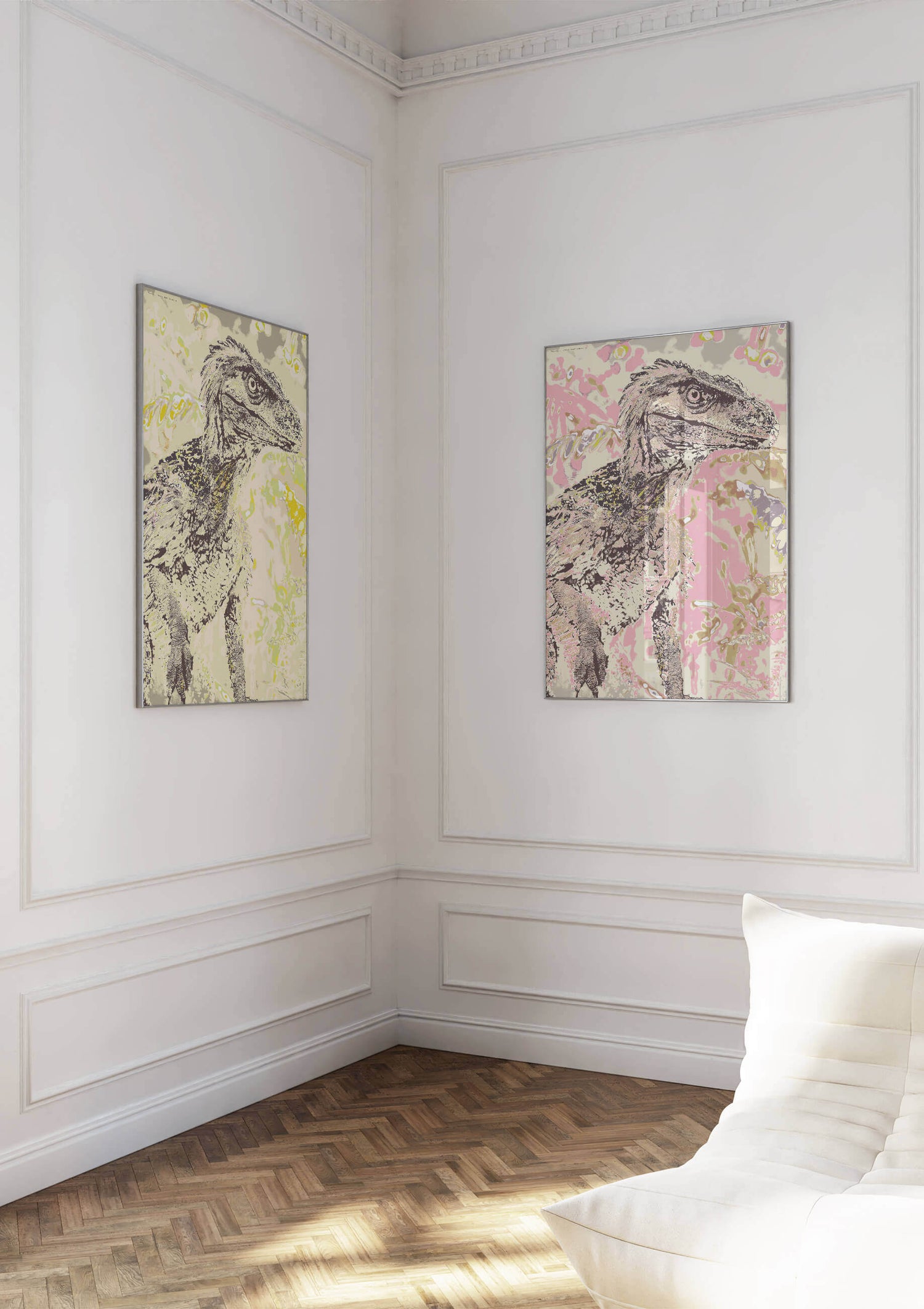 Interior showcasing Graphic Raptor Tropical 2.0 SE prints in elegant frames, enhancing a sophisticated space.