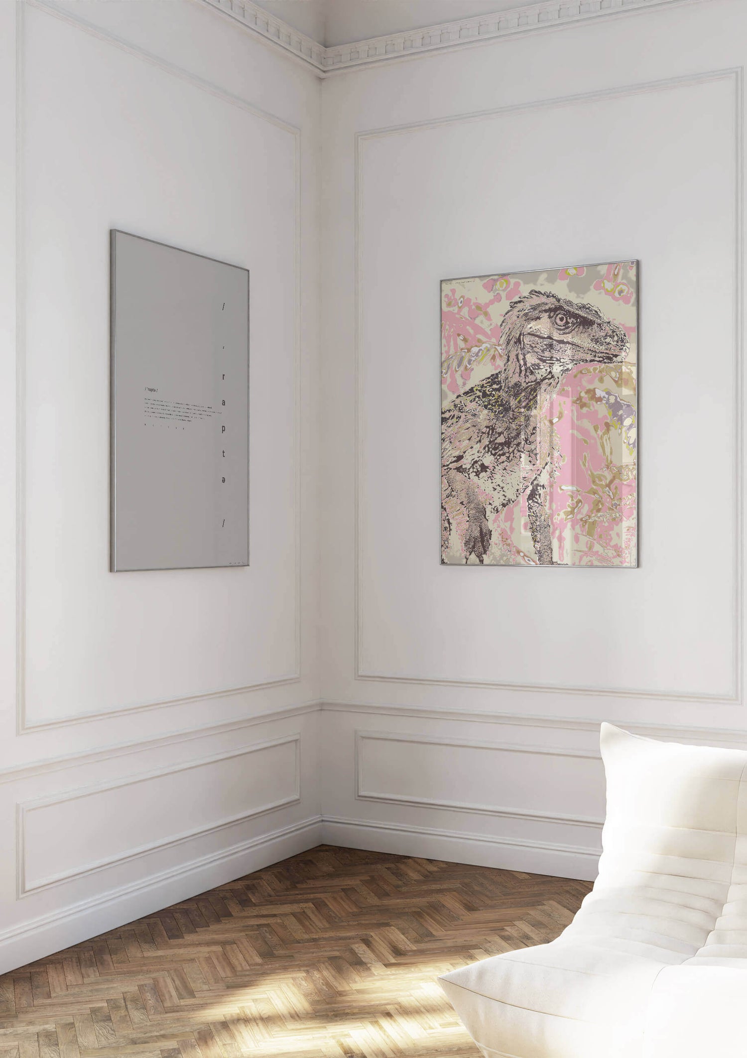Graphic Raptor Tropical 2.0 SE print showcased in a bright, minimalist room with modern decor.