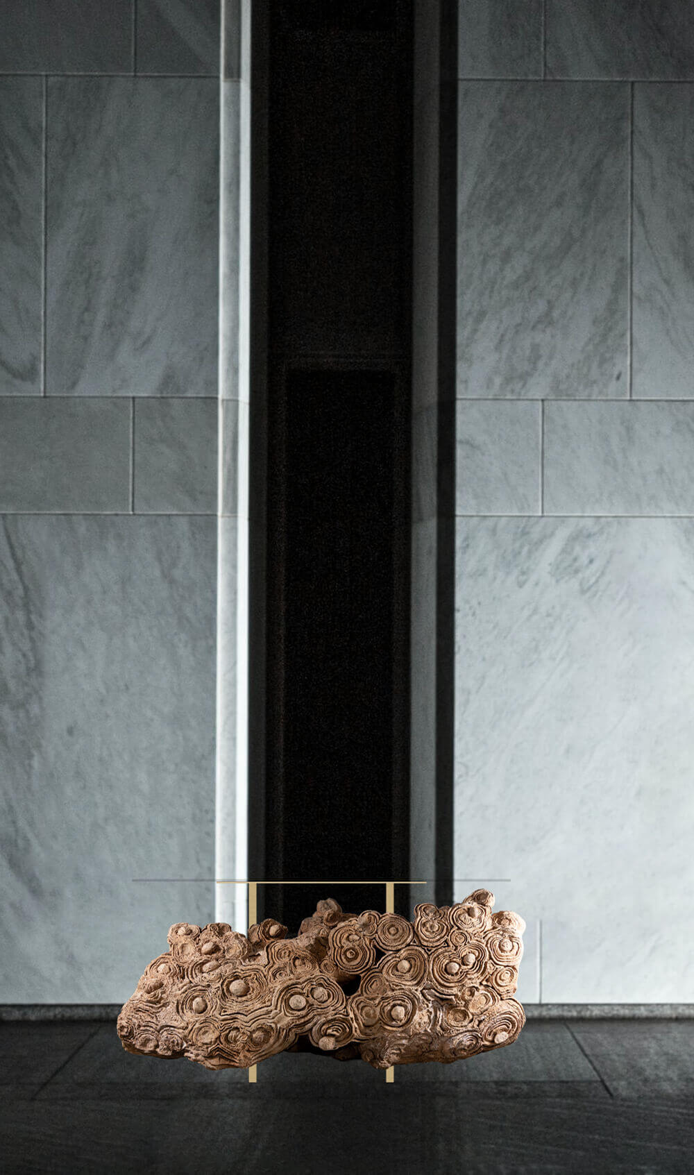 Desert Rosette Crystal formation in a gold aluminum table, showcasing intricate ancient artistry and modern design.