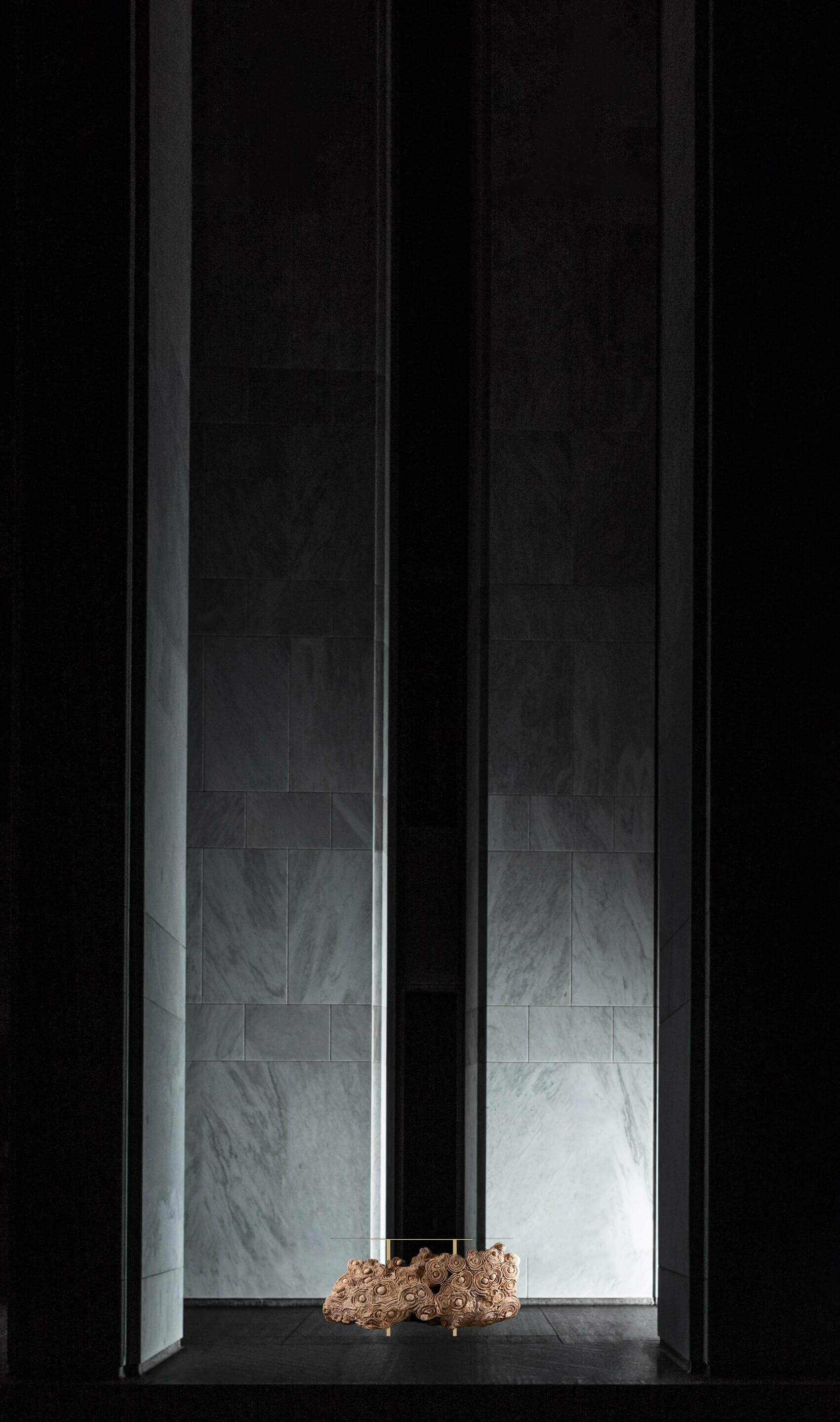 Desert Rosette Crystal formation illuminated in a modern setting, highlighting its intricate design and unique natural beauty.