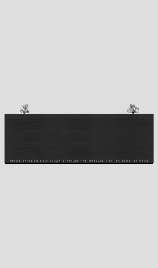 Campo Del Cielo meteorite on aluminium base, showcasing its cosmic beauty and timeless appeal.