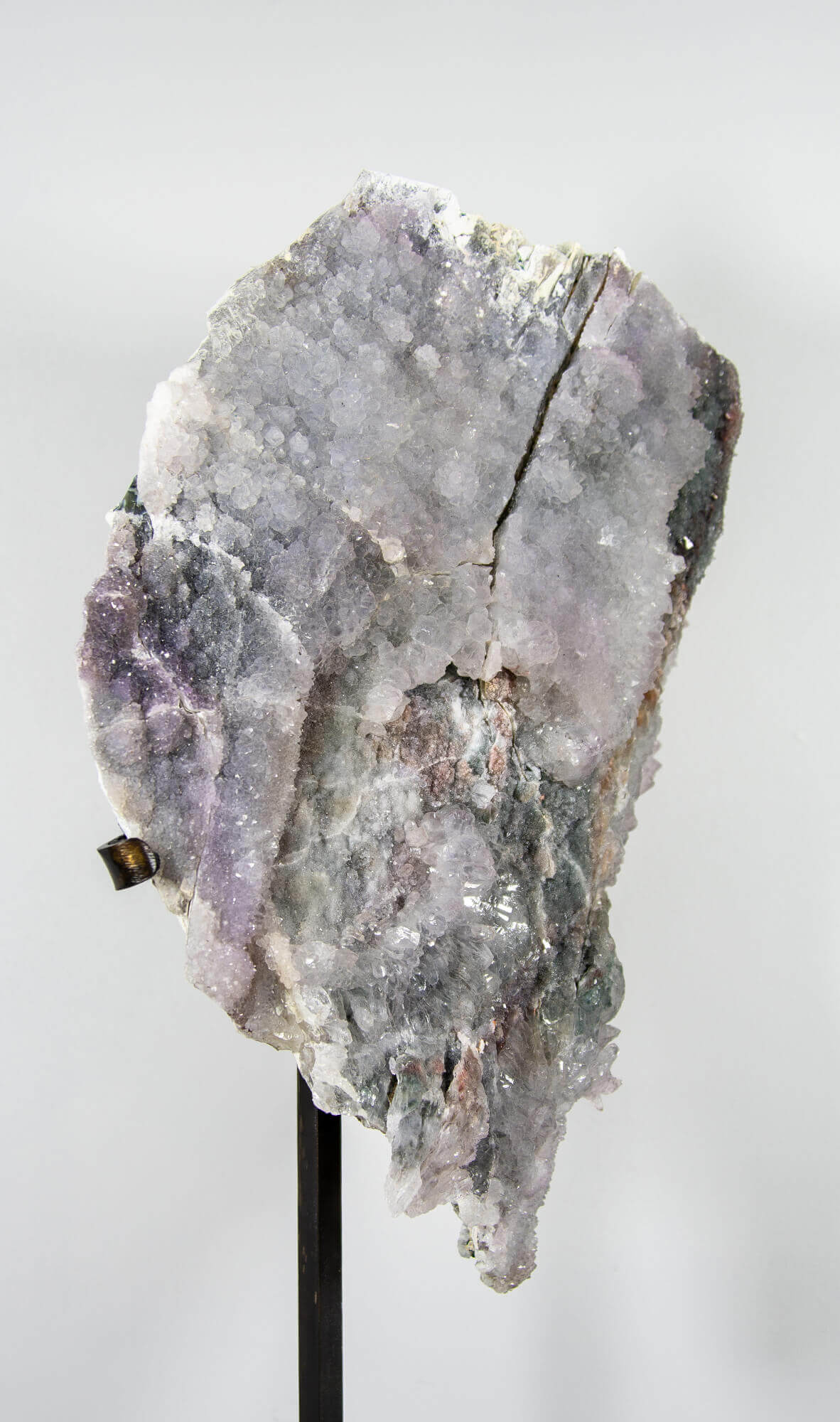Shell amethyst presented on a lxury bronze stand contrasting the soft purple hues of the fine amethyst clusters within 16