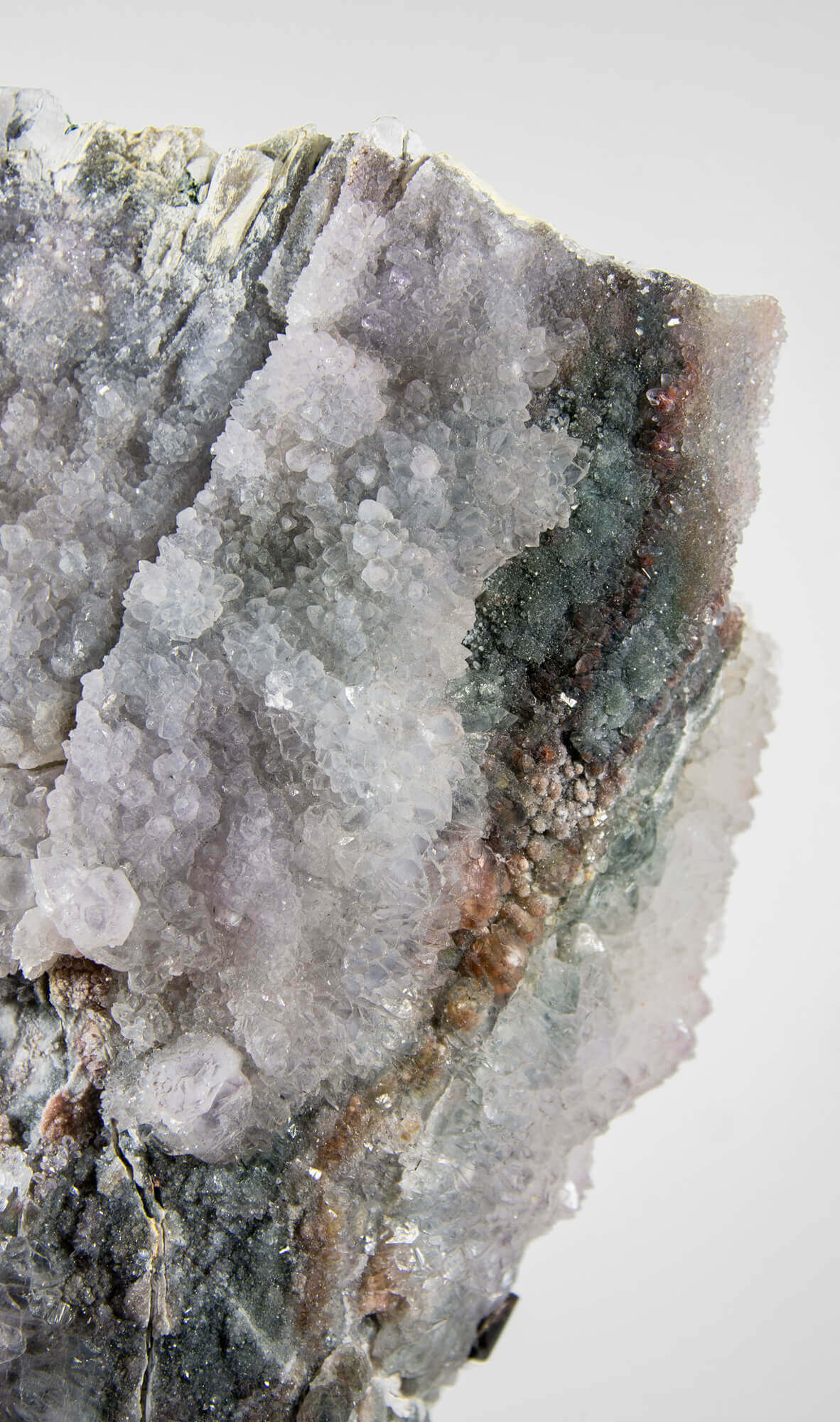Shell amethyst presented on a lxury bronze stand contrasting the soft purple hues of the fine amethyst clusters within 18