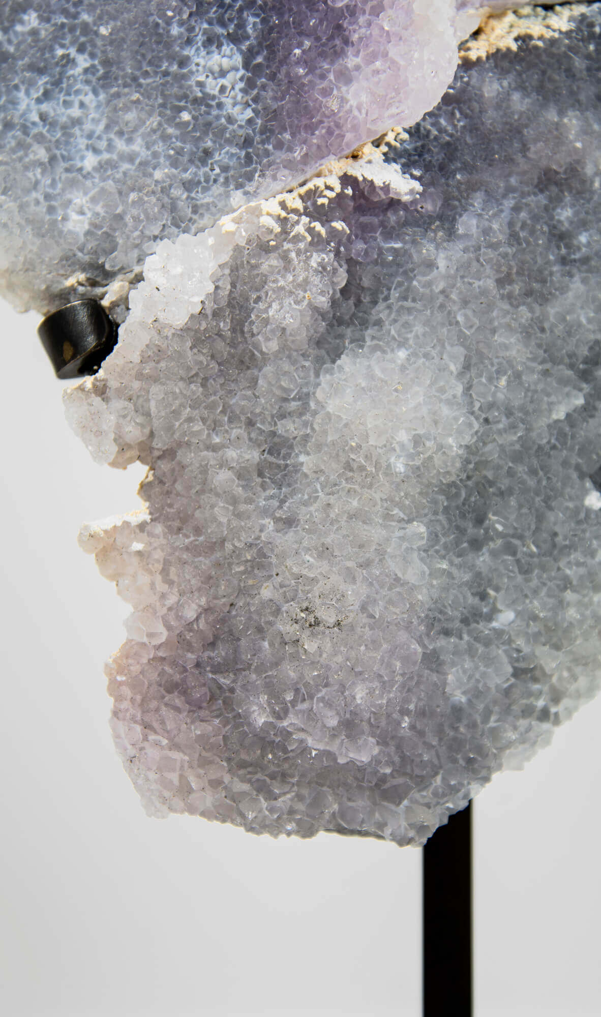 Shell amethyst presented on a lxury bronze stand contrasting the soft purple hues of the fine amethyst clusters within 7