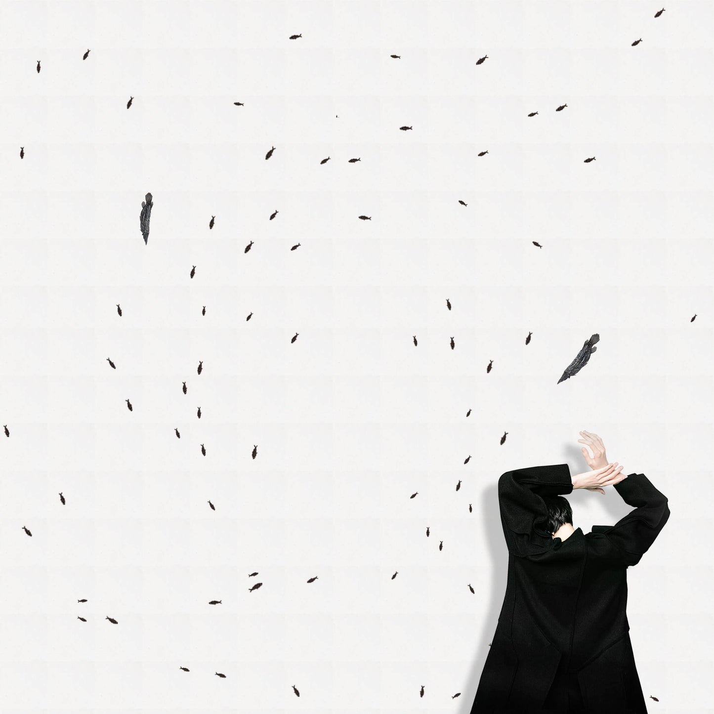 Artistic depiction of a figure interacting with scattered abstract shapes on a light background.