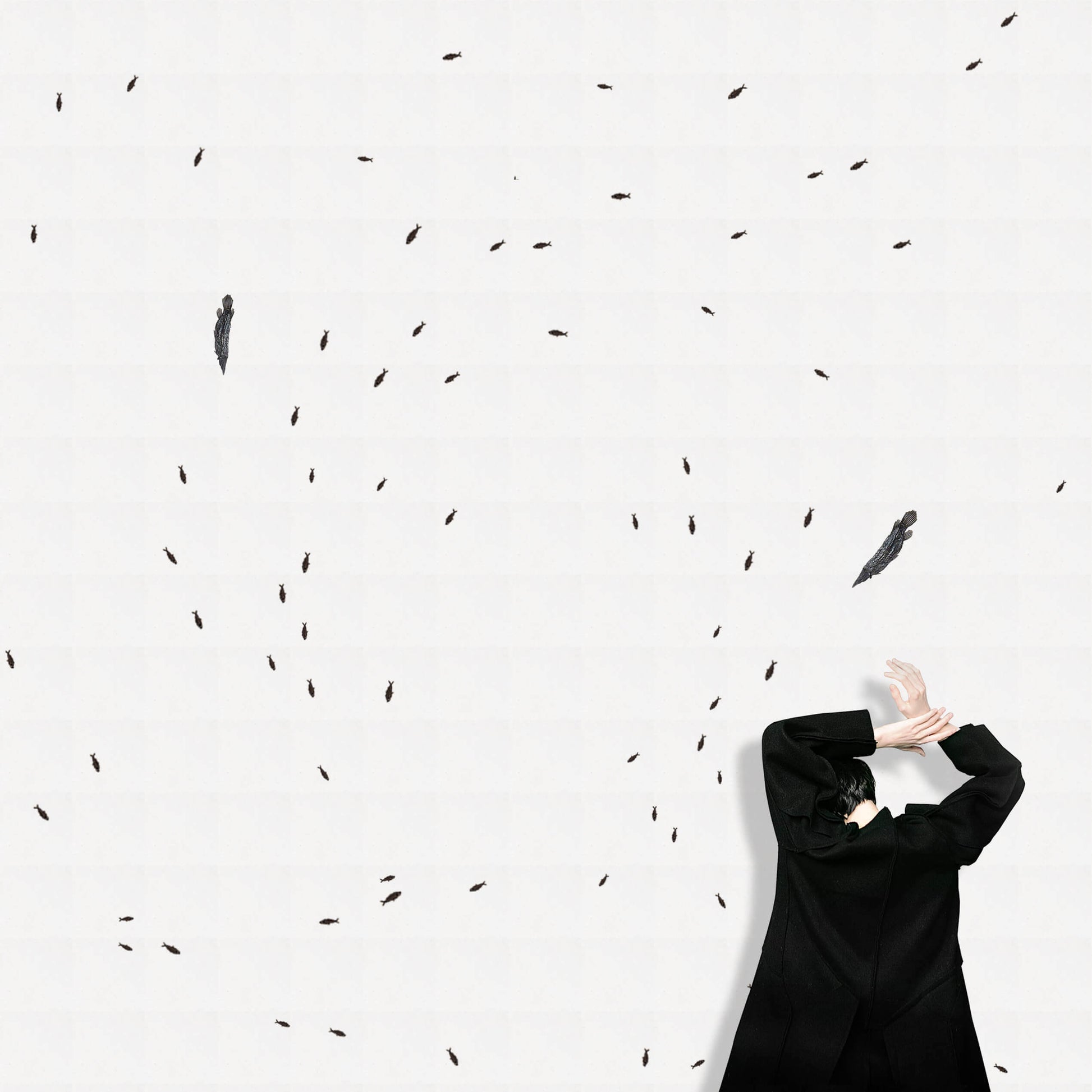 Artistic depiction of a figure interacting with scattered abstract shapes on a light background.