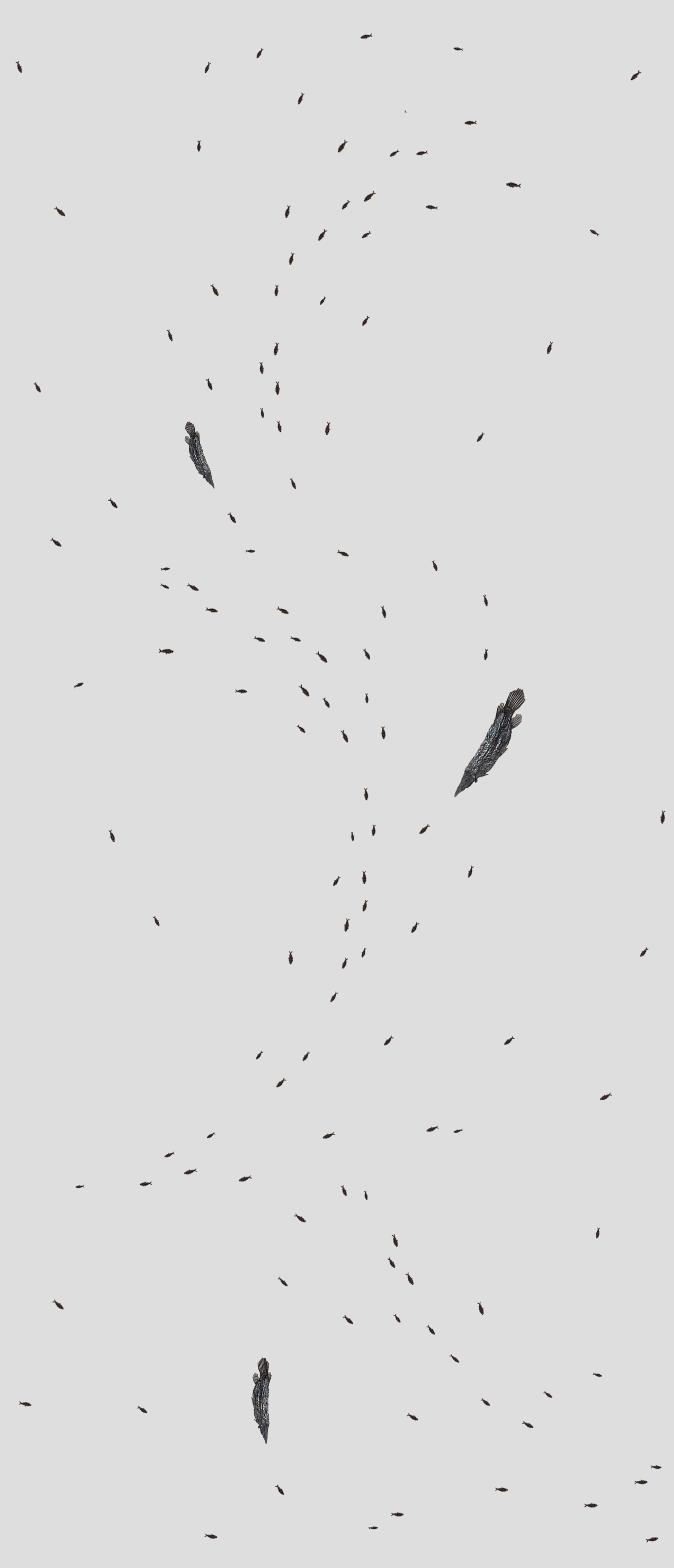 An artistic representation of fossil fish swimming in a serene pattern, evoking prehistoric aquatic life.