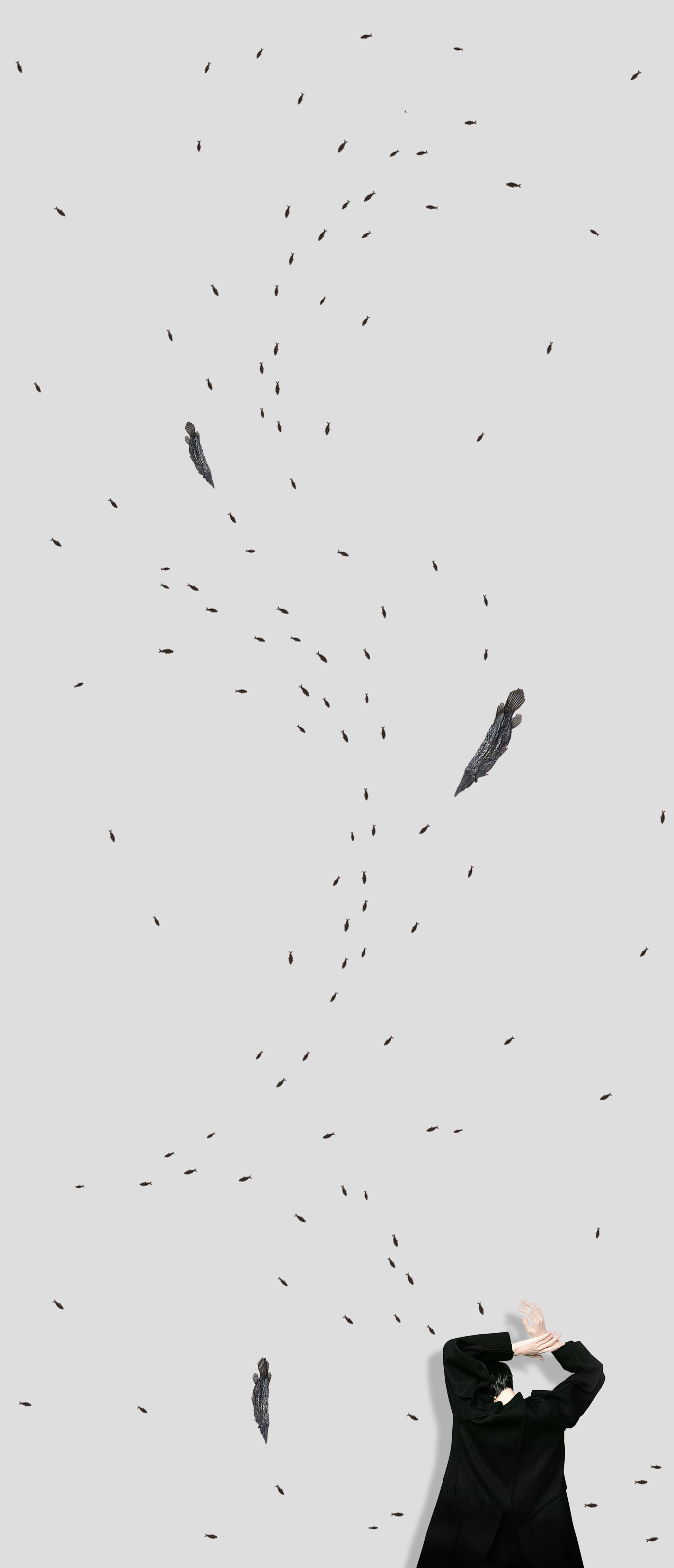 Creative depiction of aquatic life, featuring fish motifs artistically arranged against a gray background.