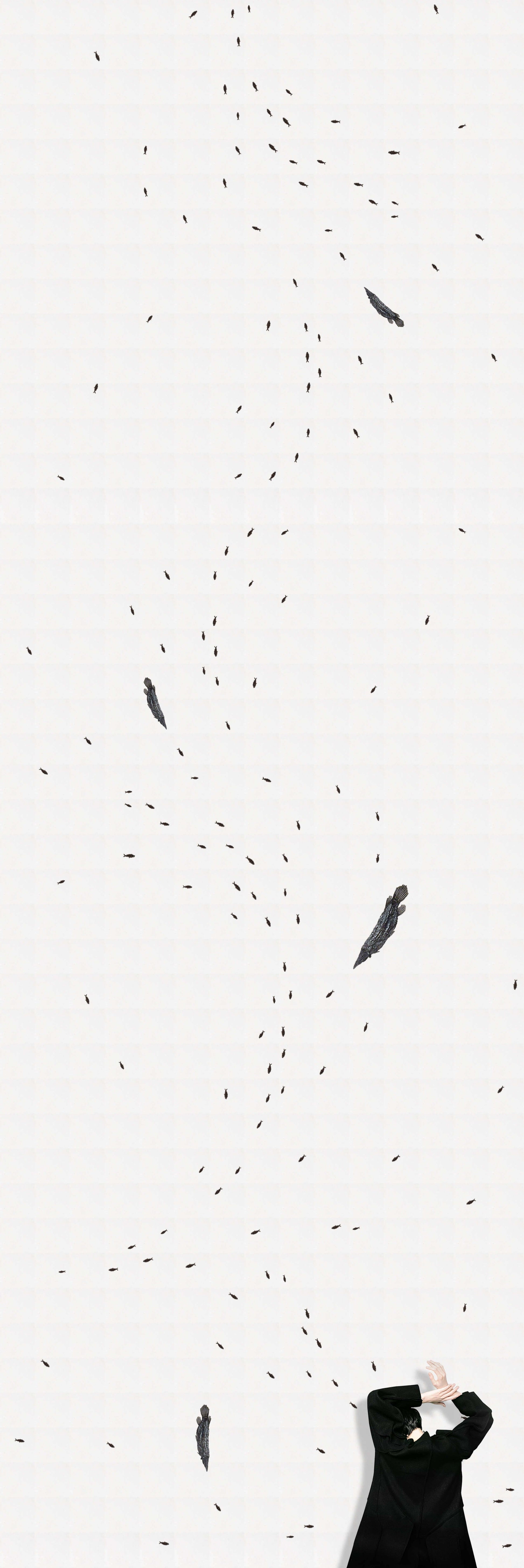 Artistic portrayal of floating feathers with a person in a black coat below, evoking a sense of tranquility.