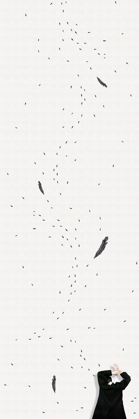 Artistic portrayal of floating feathers with a person in a black coat below, evoking a sense of tranquility.