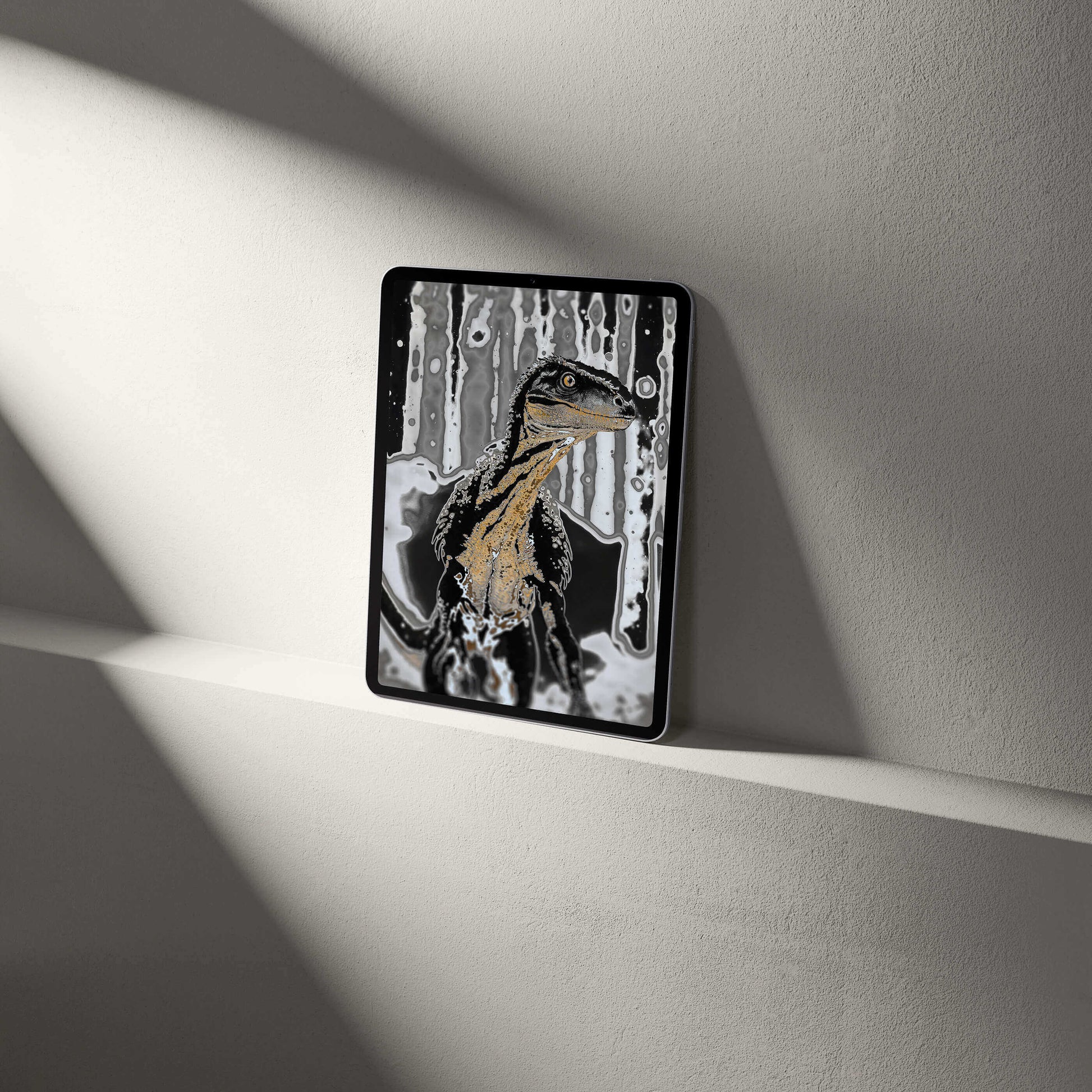 Digital Raptor Tablet Wallpaper featuring a detailed palaeontological design on a sleek tablet device.