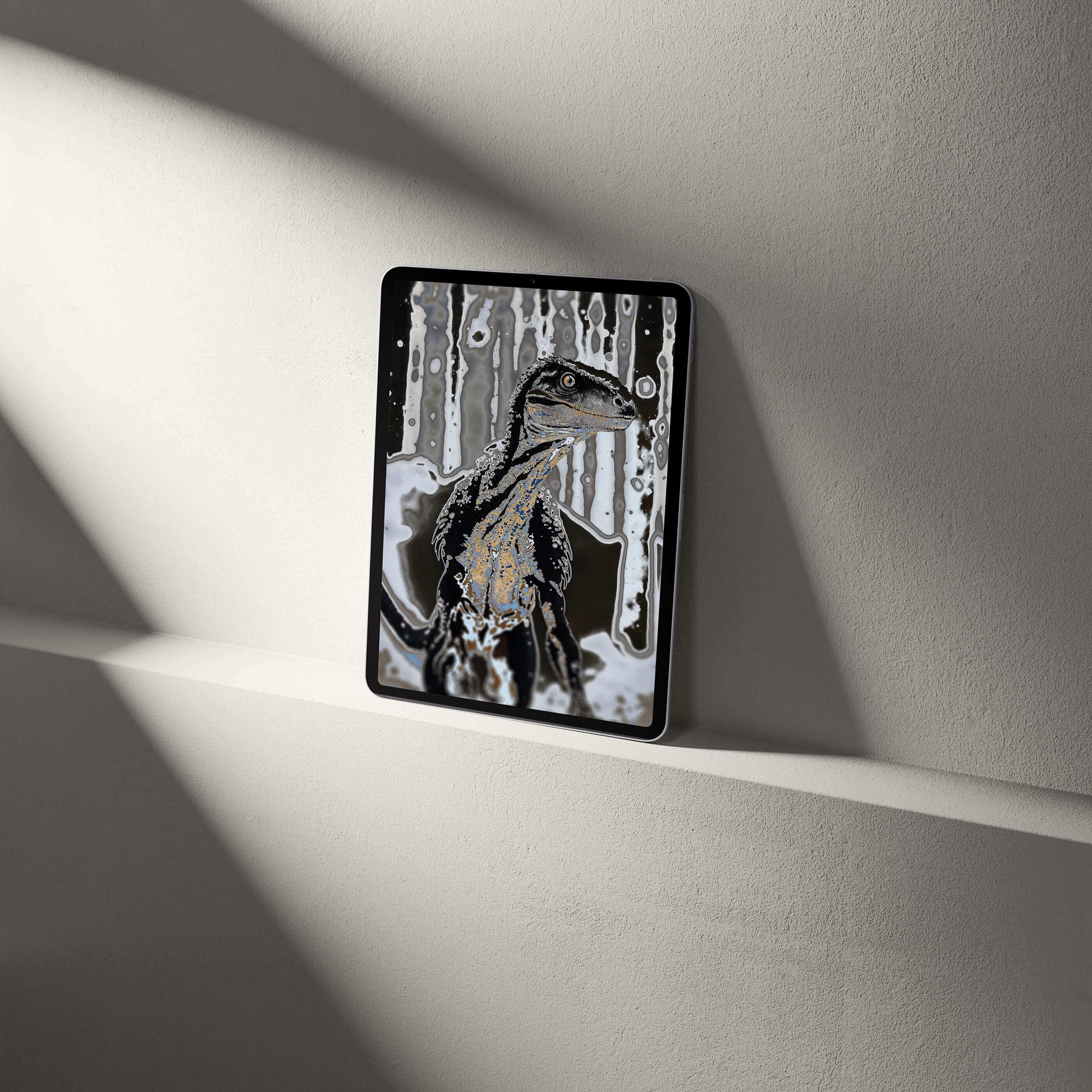Digital Raptor Tablet Wallpaper with a detailed palaeontological design on a sleek tablet device.