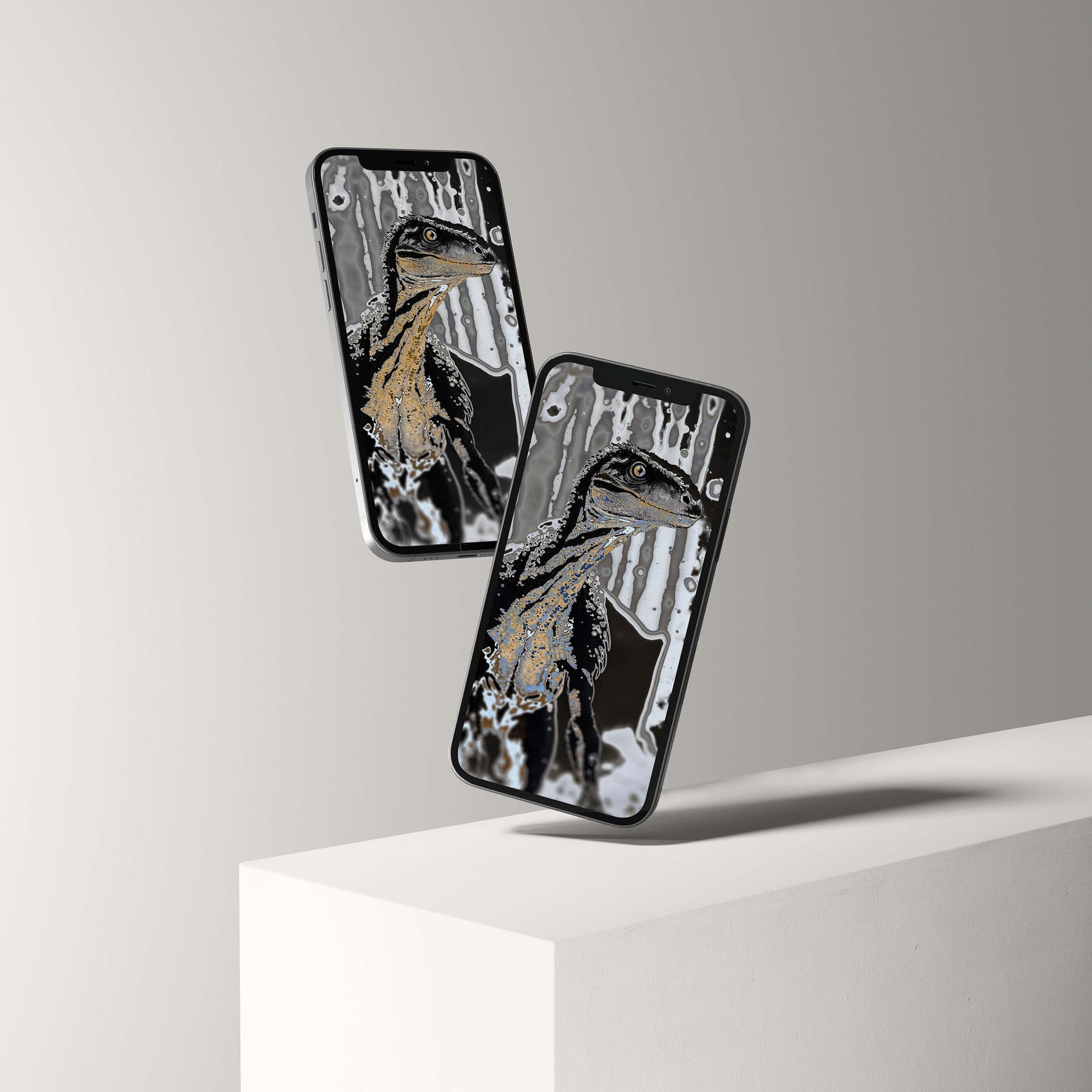 Stylish smartphone displaying a VOSSO® digital Raptor wallpaper, blending palaeontological art and modern designs.