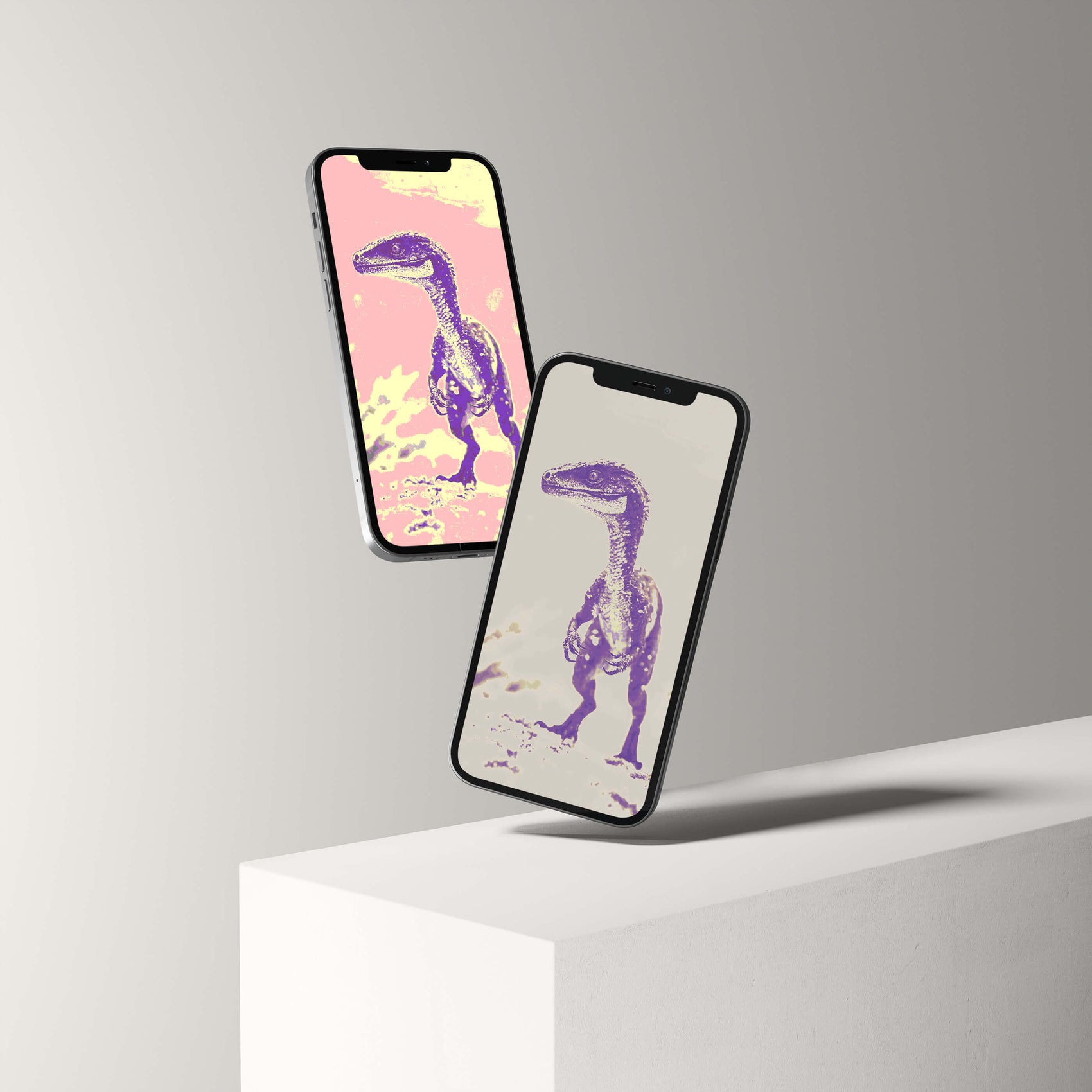 Digital Raptor wallpapers displayed on smartphones, showcasing vibrant dinosaur designs for device personalization.