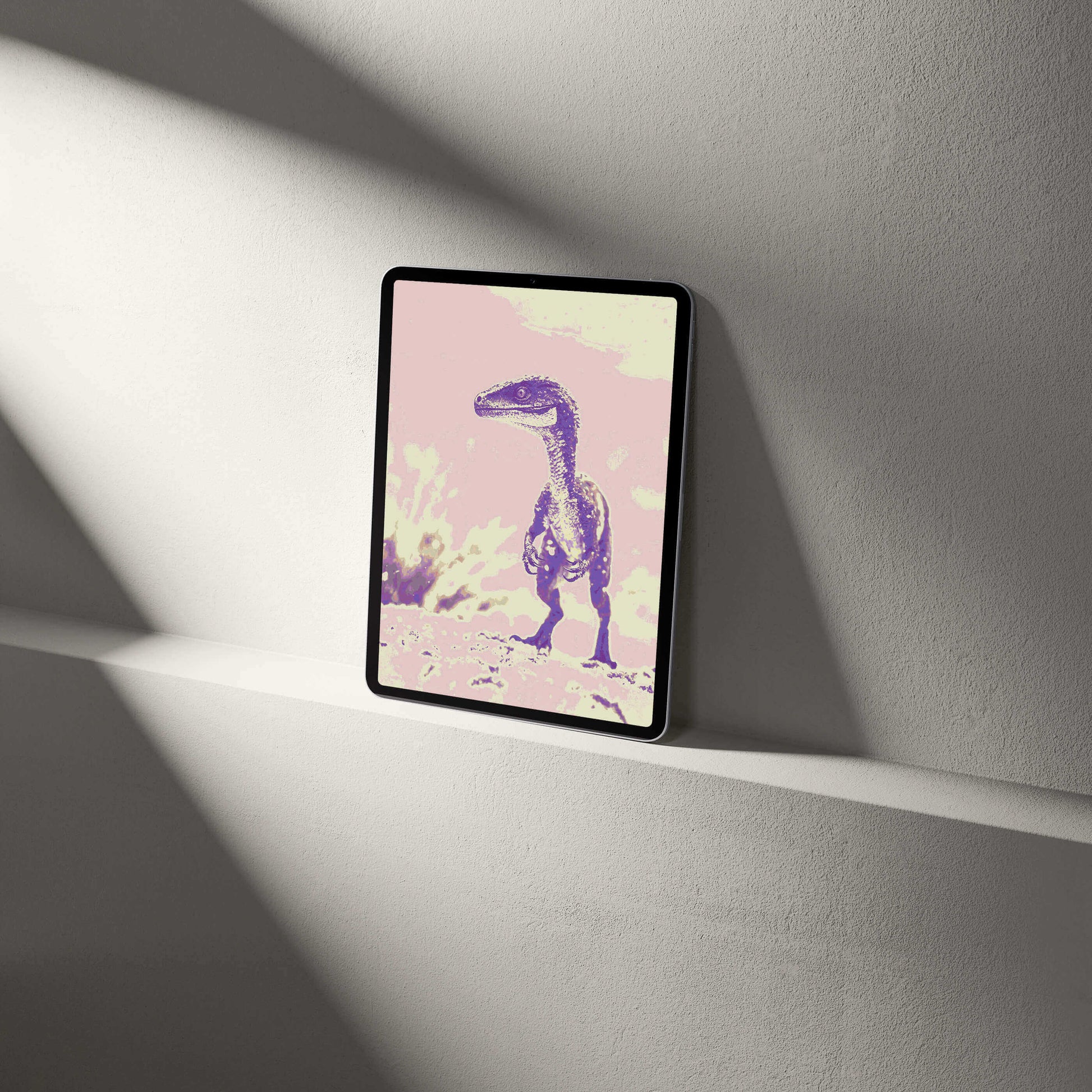 Digital Raptor wallpaper displayed on a tablet, showcasing palaeontological art in vibrant colors.