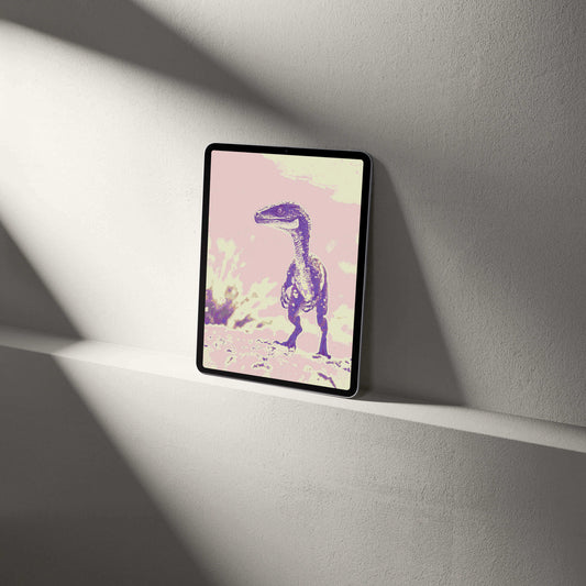 Digital Raptor wallpaper displayed on a tablet, showcasing palaeontological art in vibrant colors.