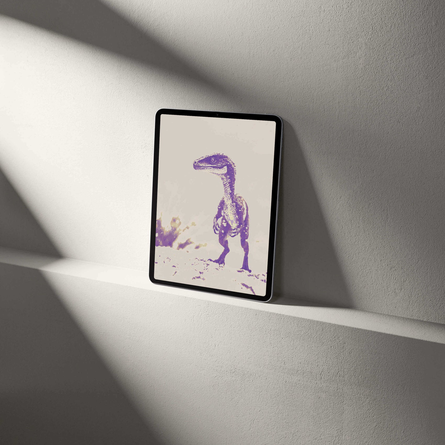 Digital raptor wallpaper displayed on a tablet, showcasing vibrant palaeontological art for device decor.