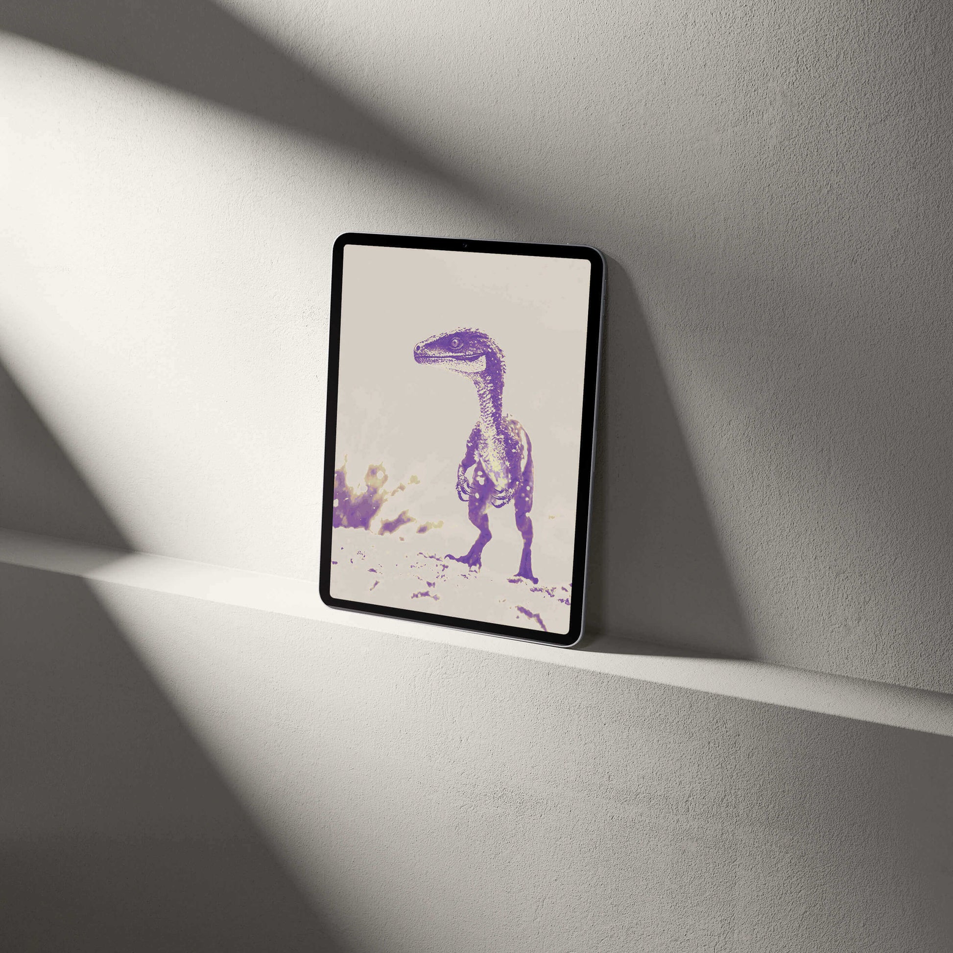 Digital raptor wallpaper displayed on a tablet, showcasing vibrant palaeontological art for device decor.