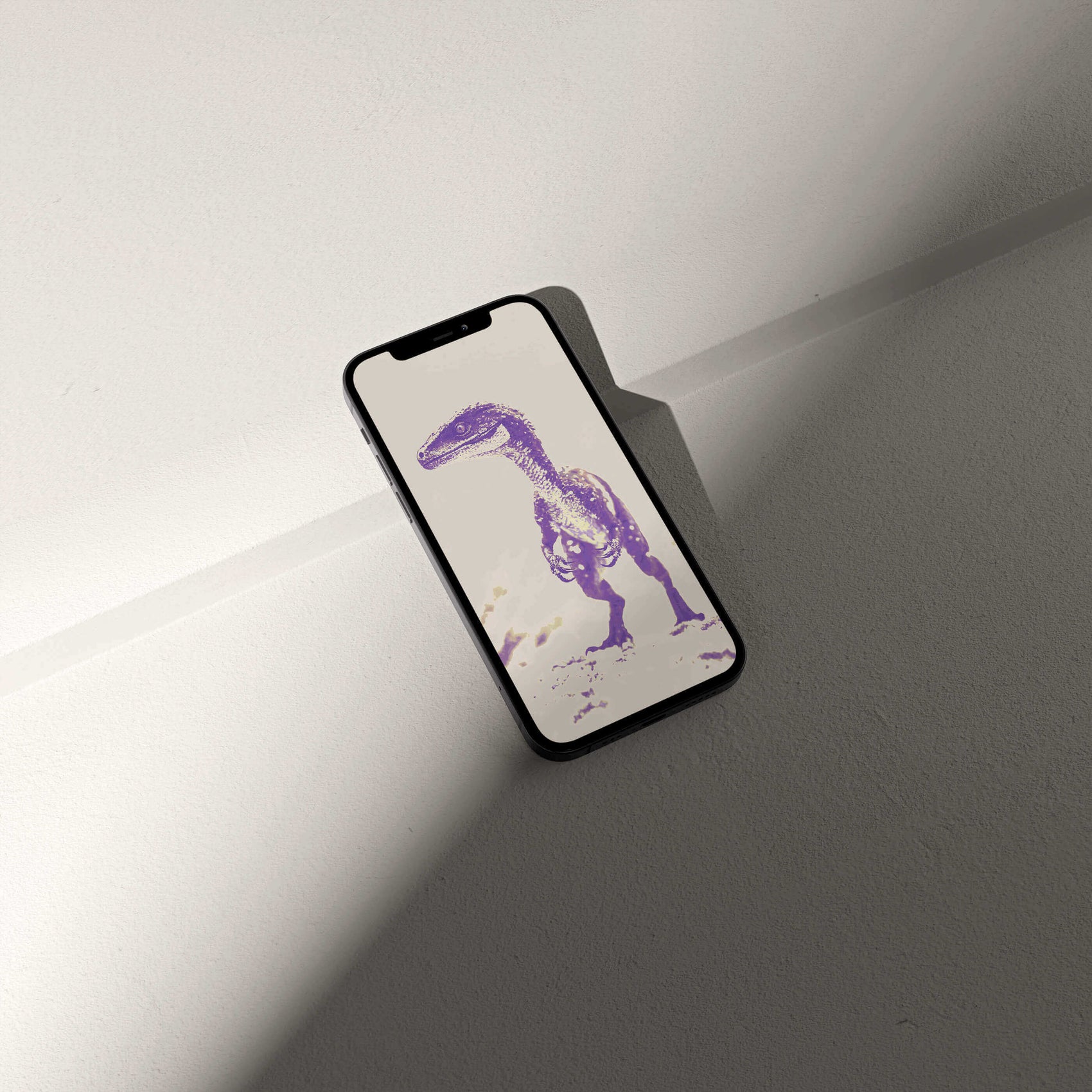 Purple dinosaur illustration on smartphone screen showcasing Digital Raptor Wallpaper from VOSSO® series.
