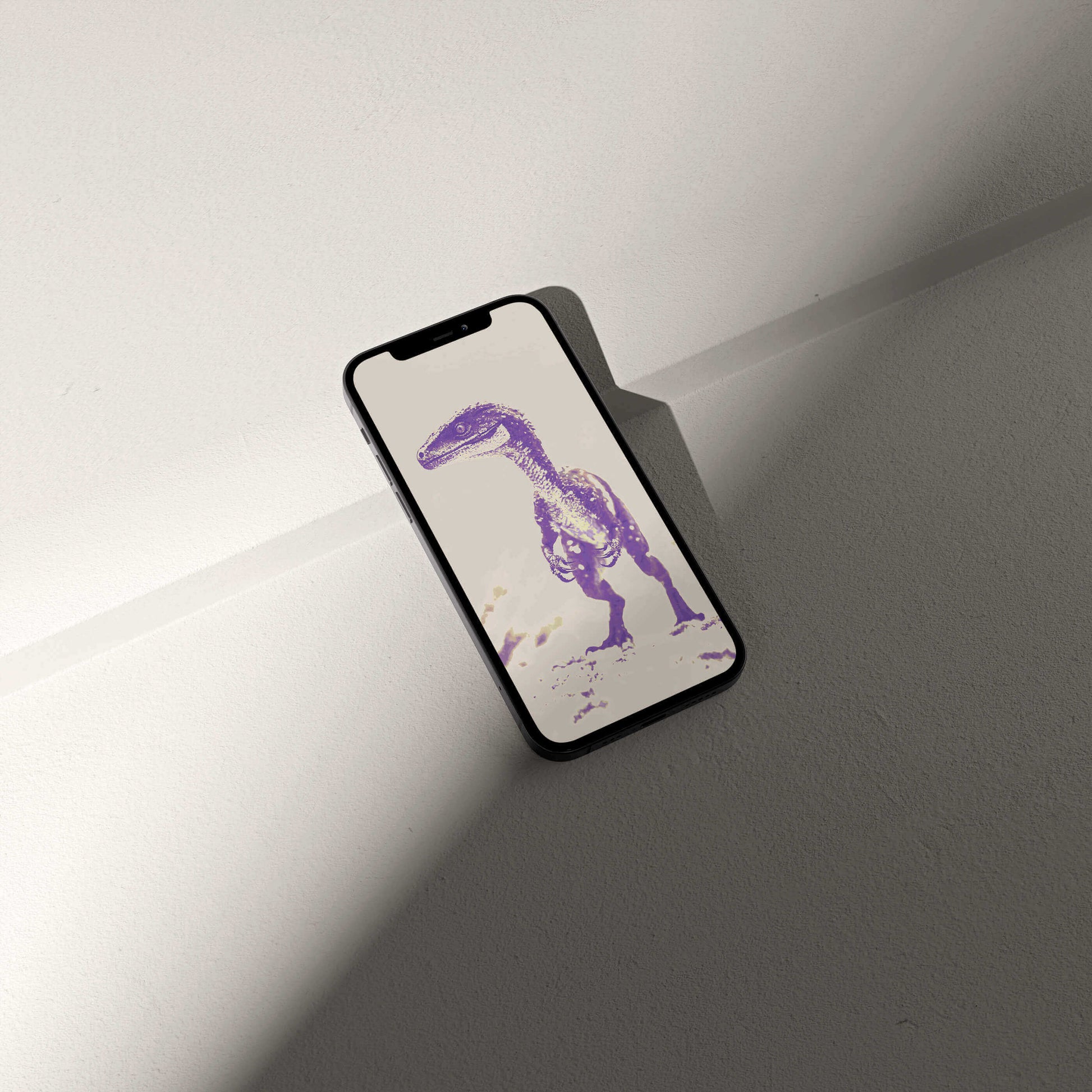 Purple dinosaur illustration on smartphone screen showcasing Digital Raptor Wallpaper from VOSSO® series.