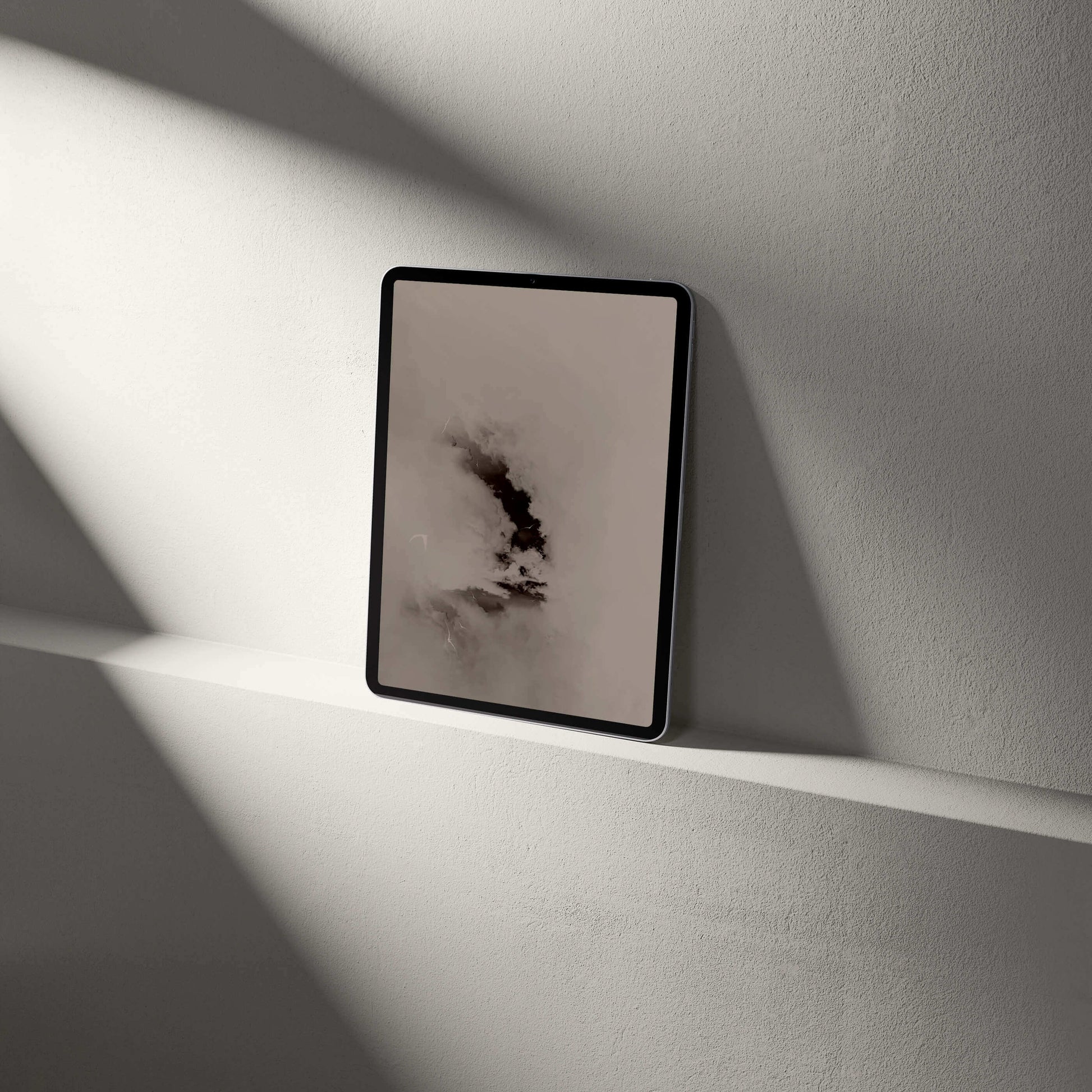 Digital Pterosaur Storm Tablet Wallpaper displayed on a tablet against a minimalist background with clouds.