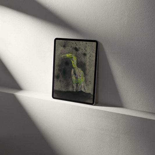 Stylish tablet displaying a VOSSO® digital Raptor wallpaper, blending palaeontological art and modern design.