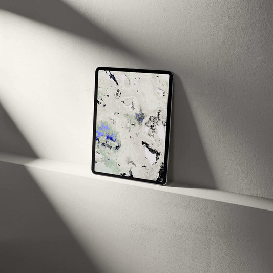 Digital Amethyst Crystal Tablet Wallpaper displayed on a shelf, showcasing mineralogical textures and vibrant colors.