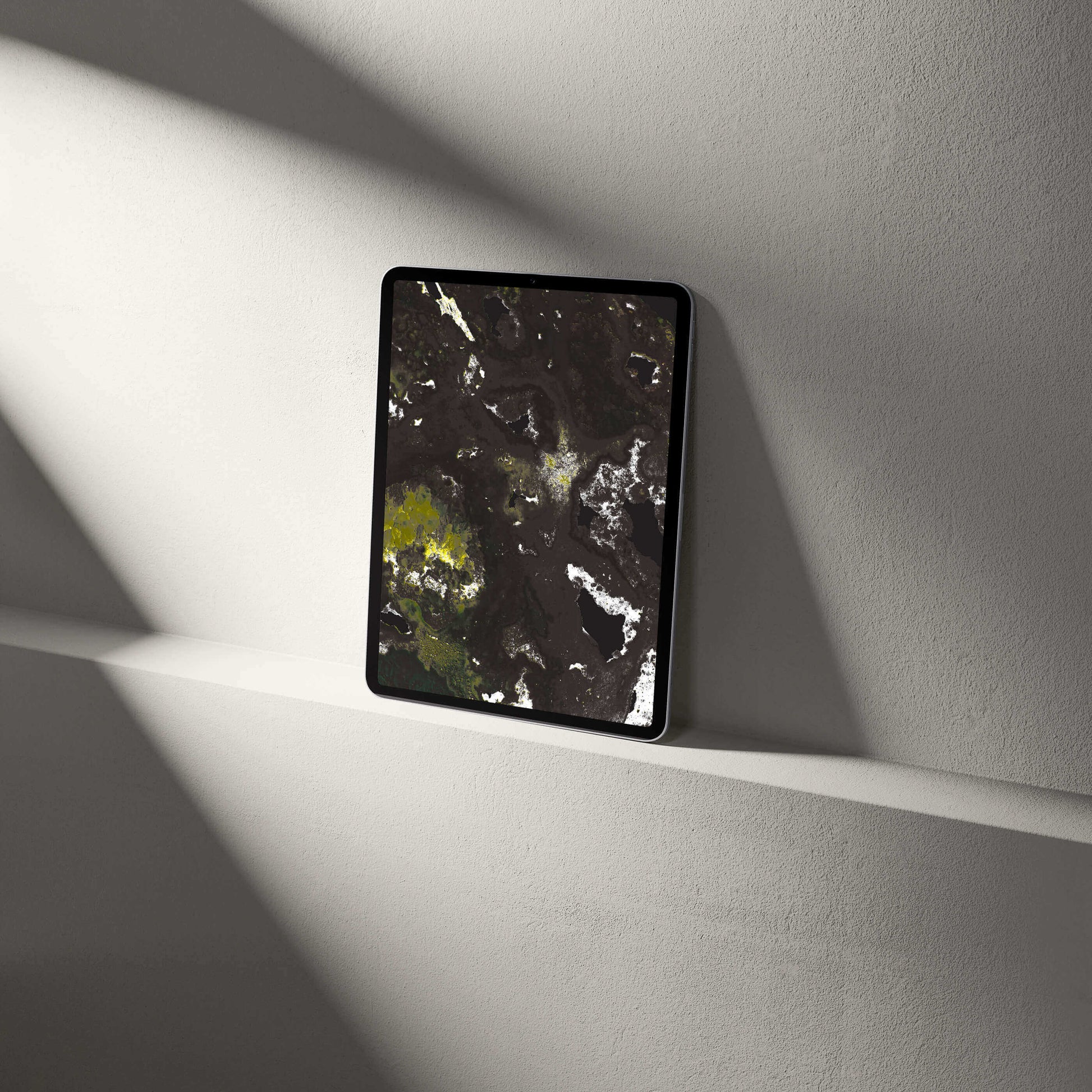 Amethyst crystal tablet wallpaper displayed on a minimalist shelf, showcasing vibrant mineralogical patterns.
