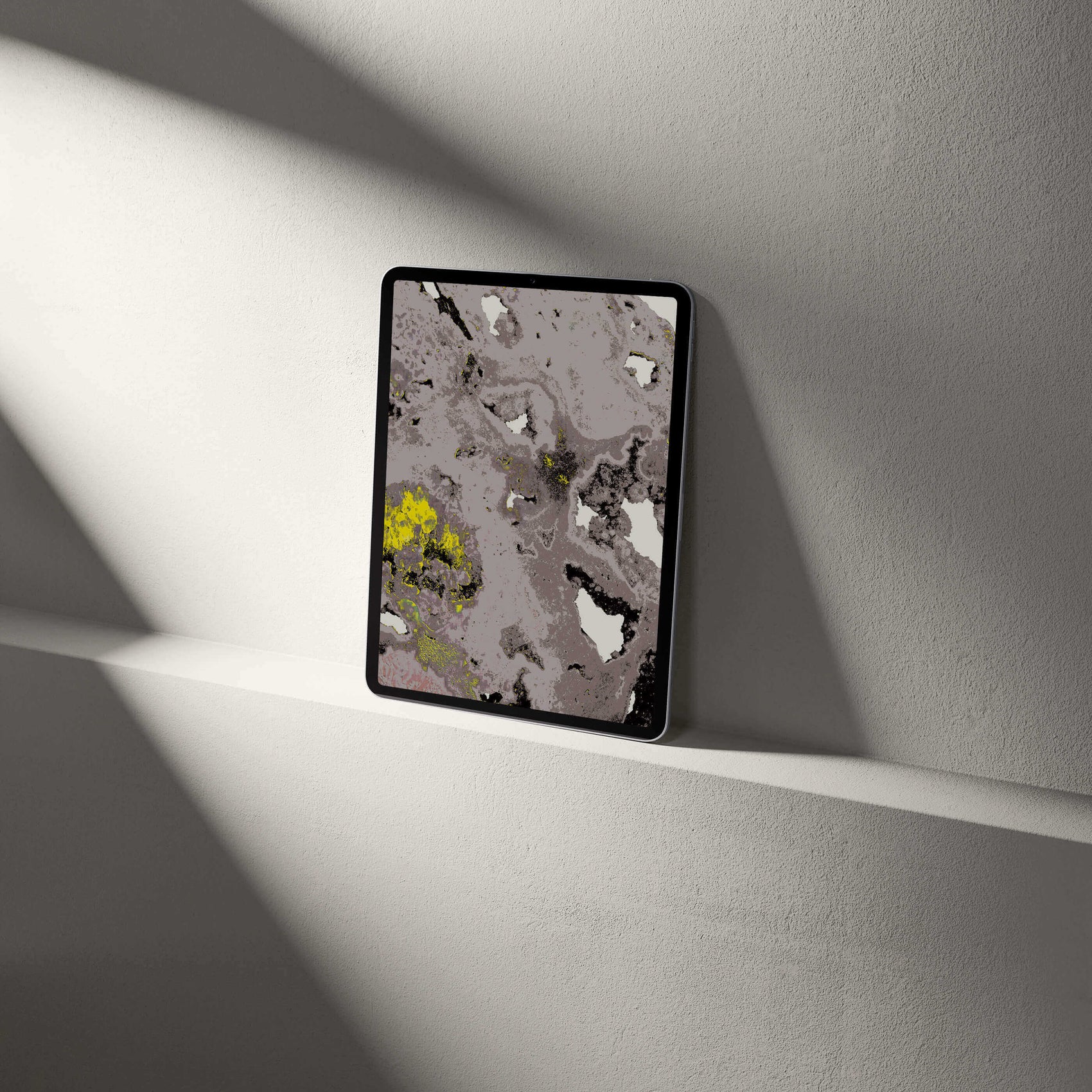 Digital Amethyst Crystal tablet wallpaper displayed on a minimalist shelf, showcasing stunning mineralogical design.