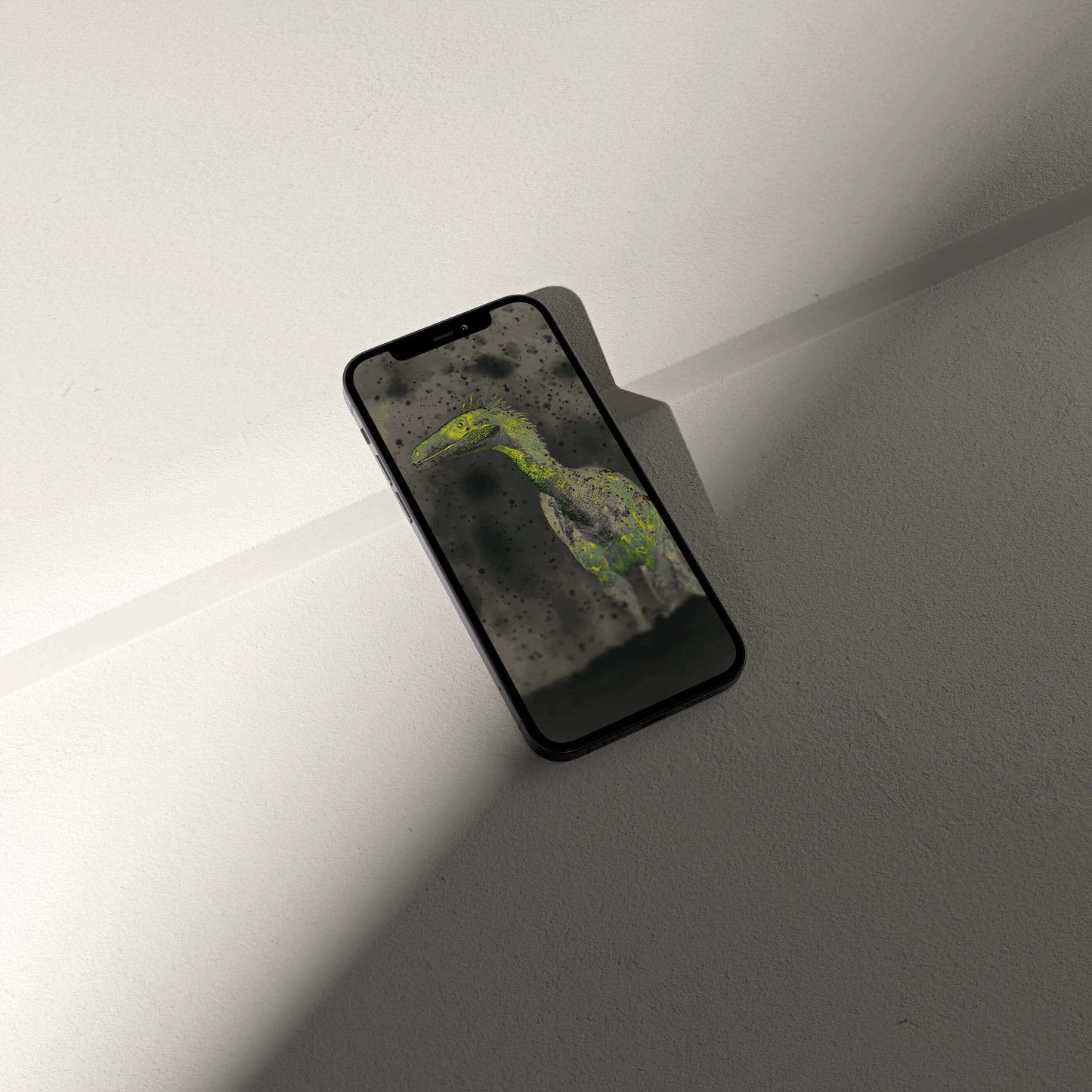 Stylish smartphone displaying a VOSSO® digital Raptor wallpaper, blending palaeontological art and modern design.