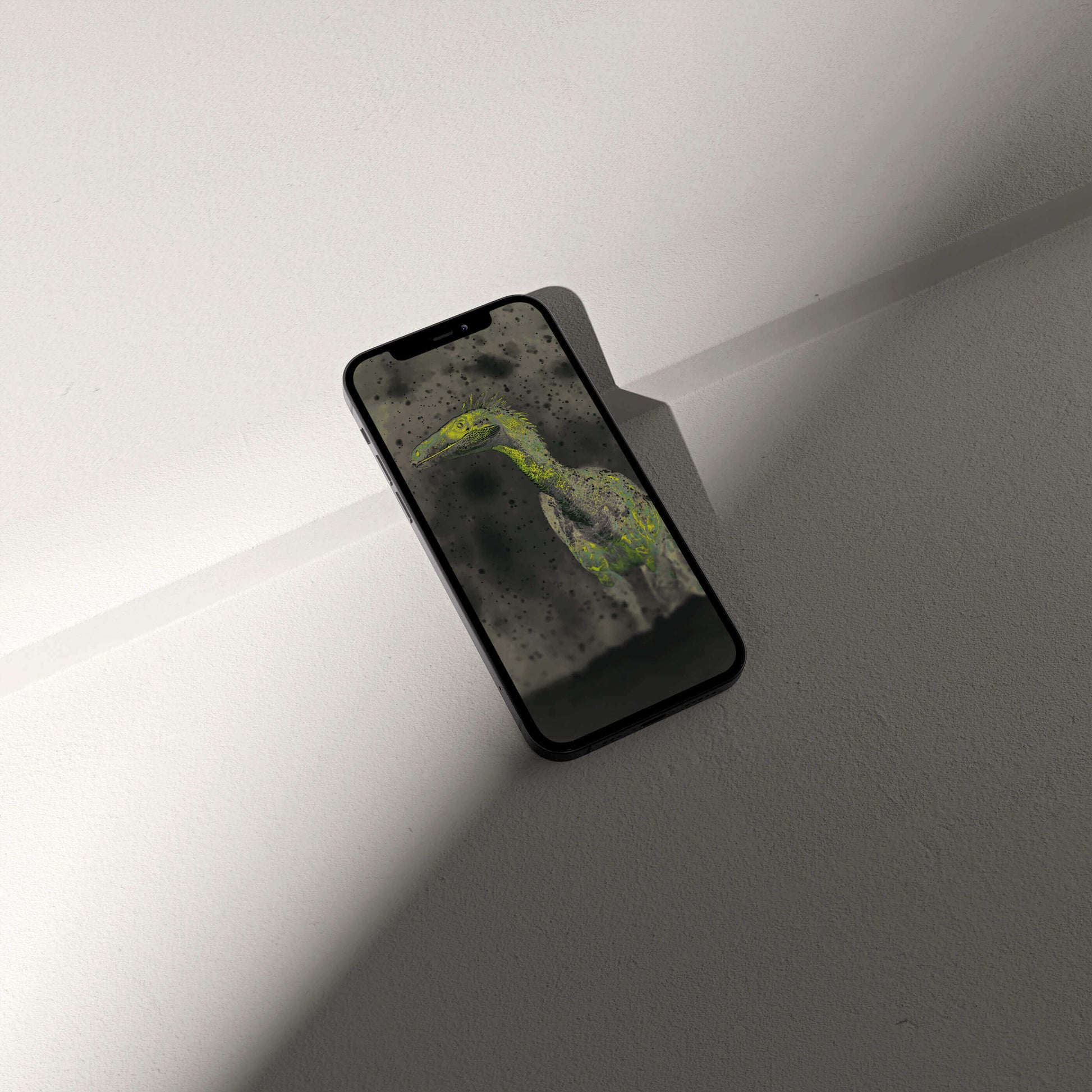 Stylish smartphone displaying a VOSSO® digital Raptor wallpaper, blending palaeontological art and modern design.