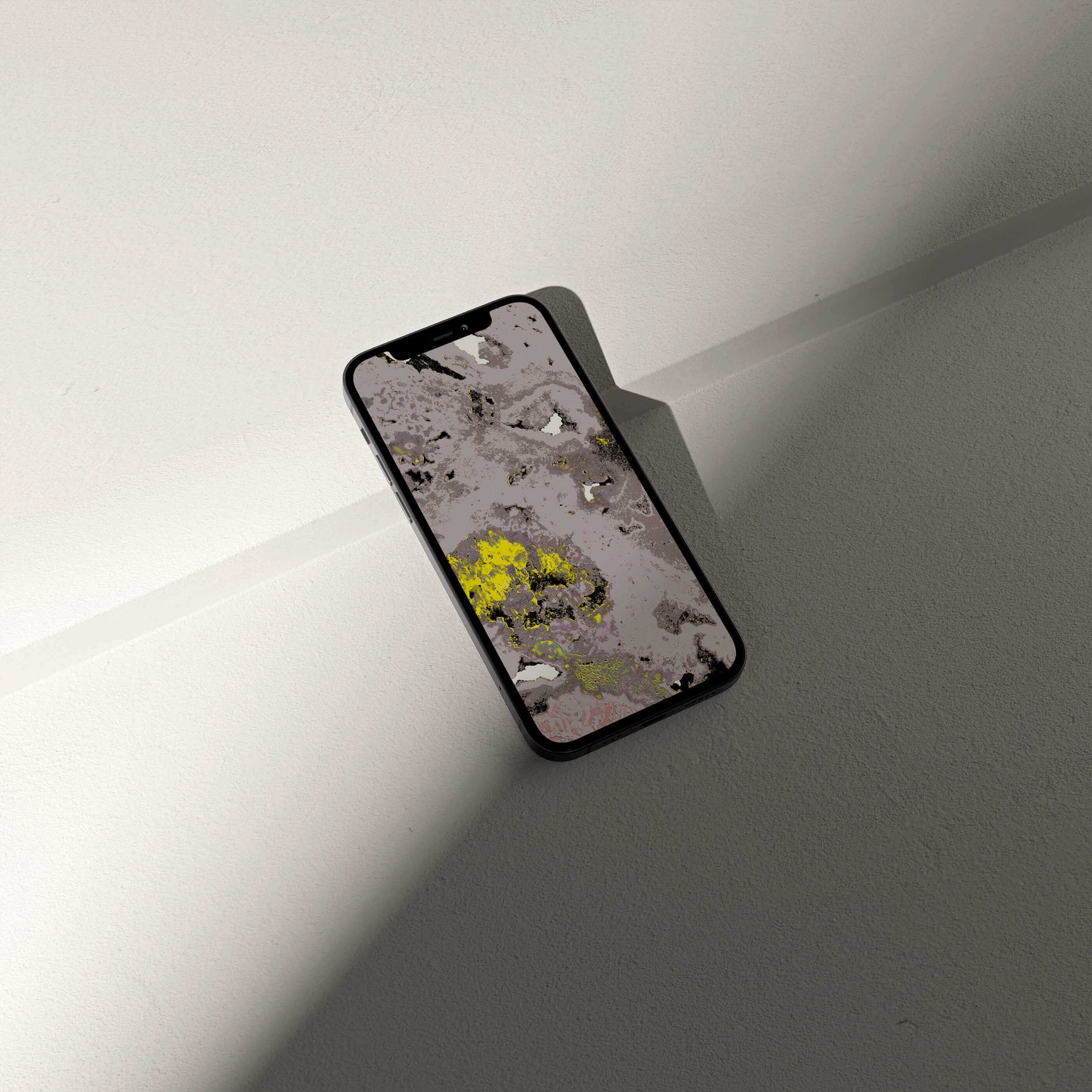 Stylish phone displaying VOSSO® digital amethyst crystal wallpaper on a minimalist surface.