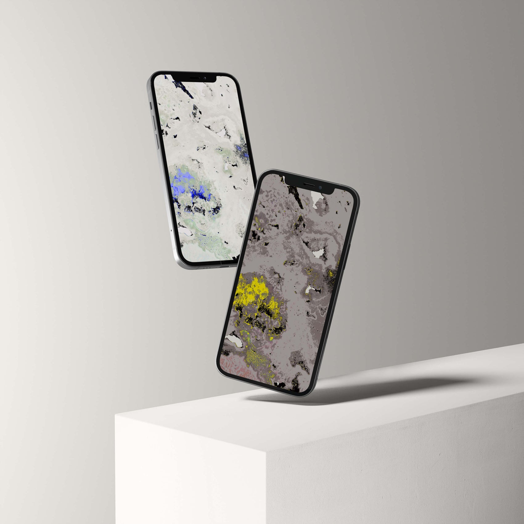 Digital Amethyst Crystal phone wallpapers displayed on a minimalist shelf, showcasing stunning mineralogical design.