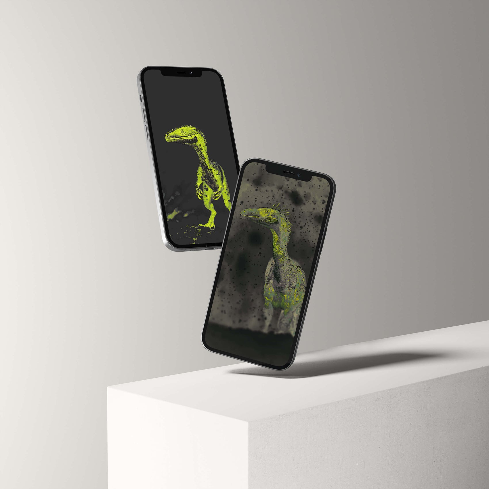 Stylish smartphone displaying a digital Raptor wallpaper, blending palaeontological art and modern design.