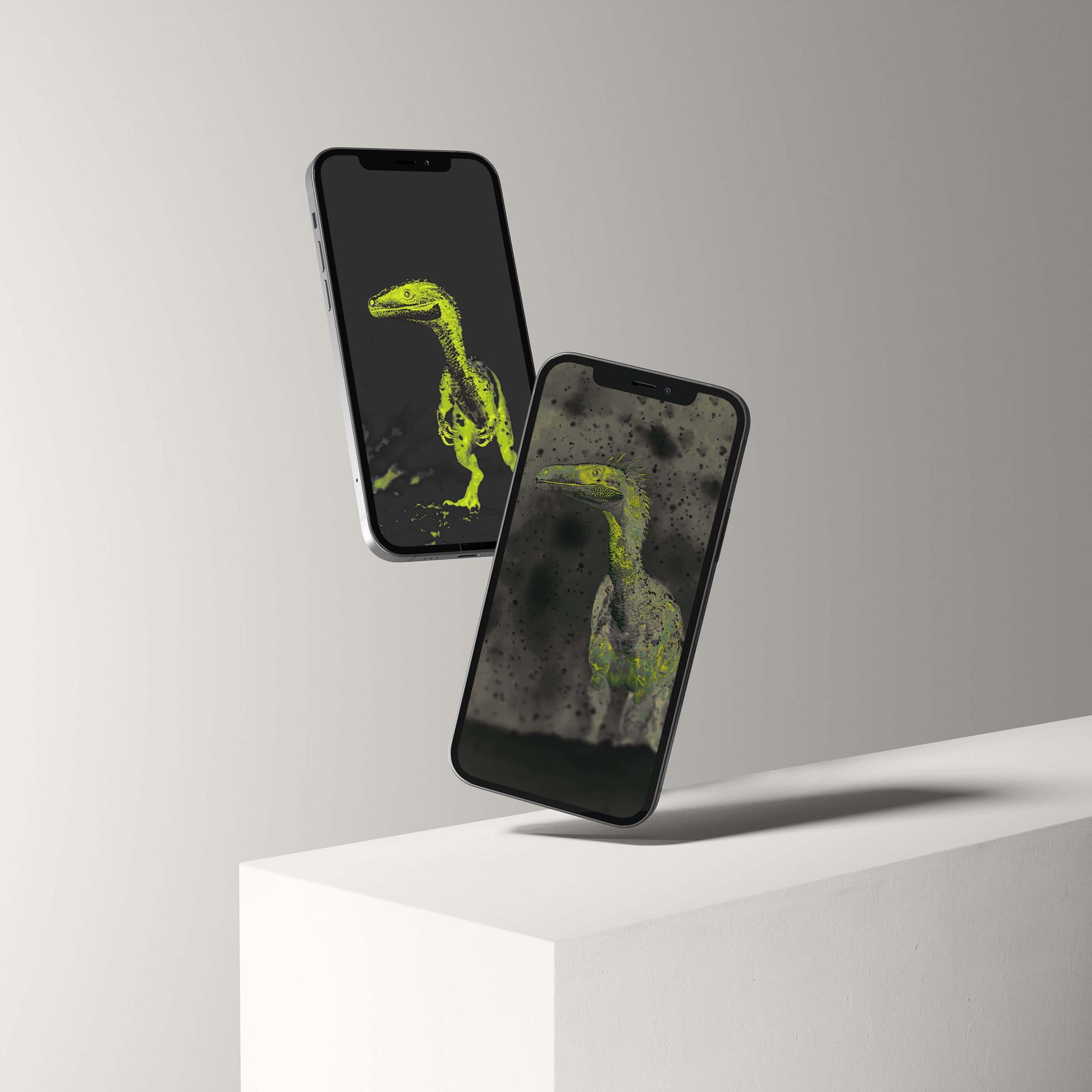 Stylish smartphone displaying a digital Raptor wallpaper, blending palaeontological art and modern design.