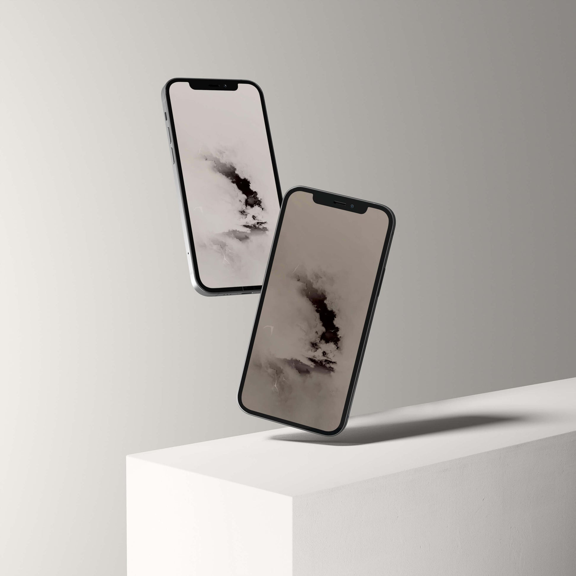 Stylish phone displaying a minimalist digital pterosaur storm wallpaper.