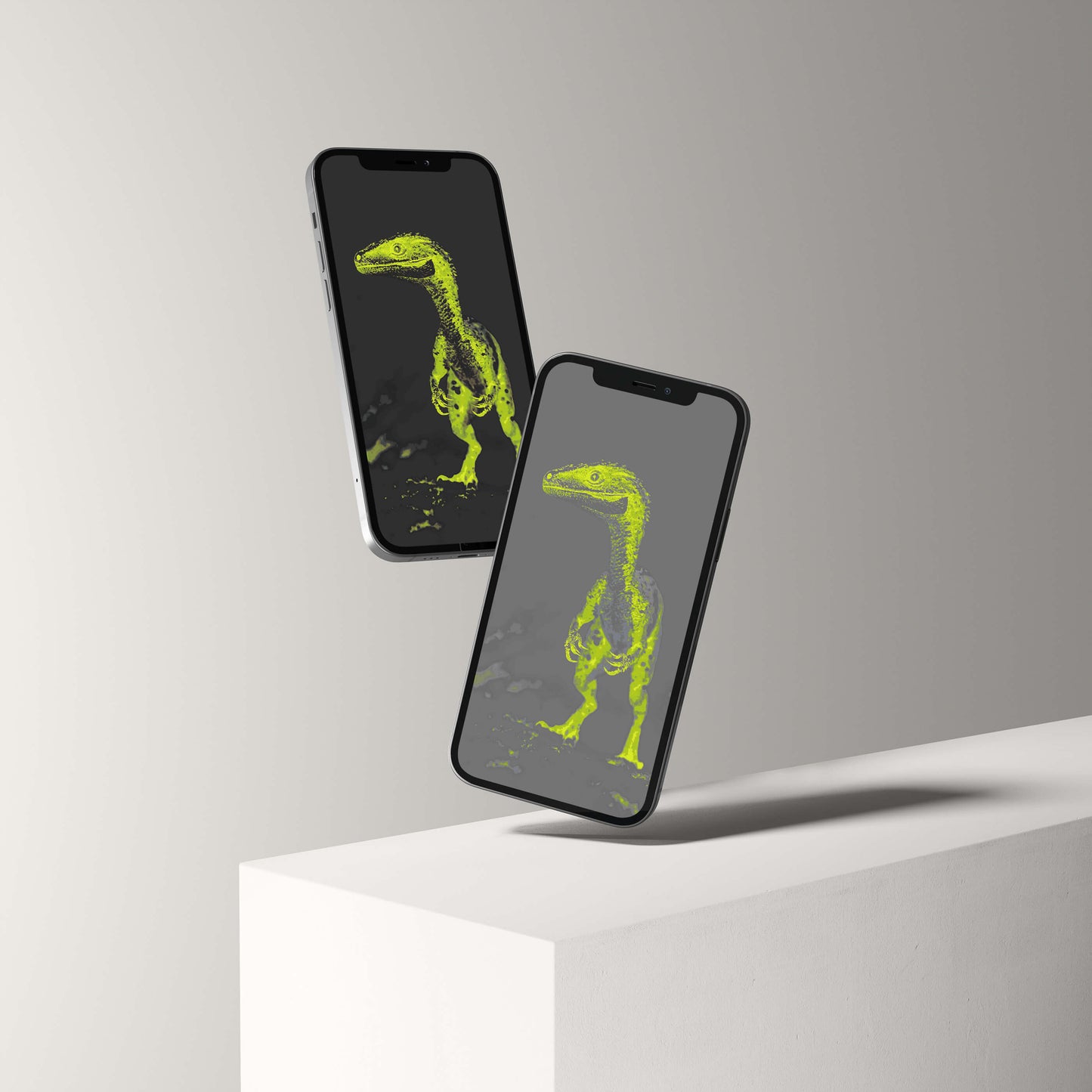 VOSSO® digital raptor wallpaper displayed on mobile devices showcasing stunning palaeontological design.