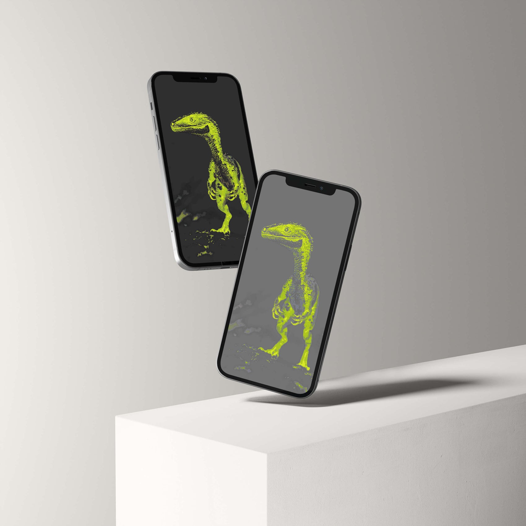 VOSSO® digital raptor wallpaper displayed on mobile devices showcasing stunning palaeontological design.