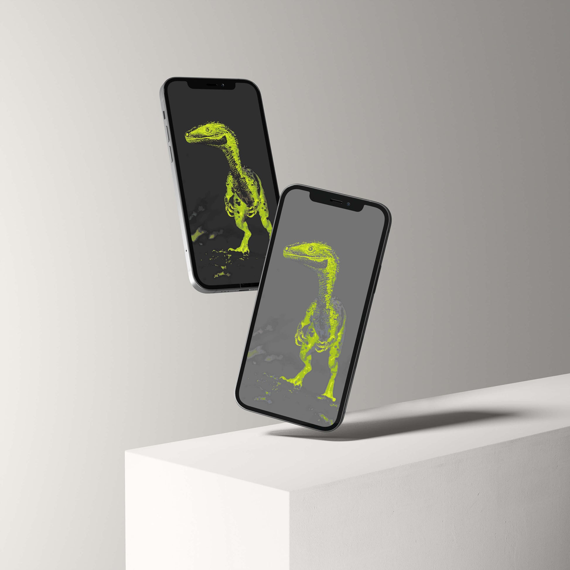 VOSSO® digital raptor wallpaper displayed on mobile devices showcasing stunning palaeontological design.