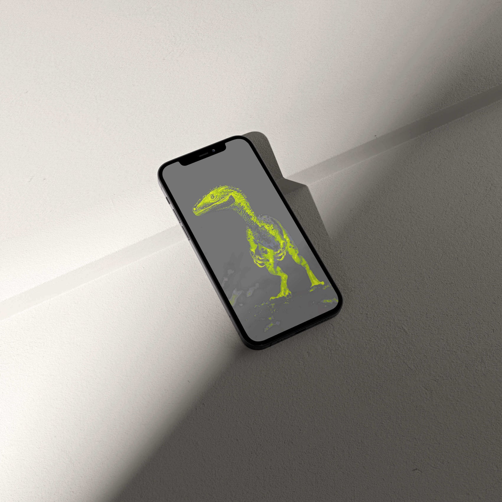 VOSSO® dinosaur-themed digital wallpaper displayed on a smartphone, showcasing vibrant green artistry.