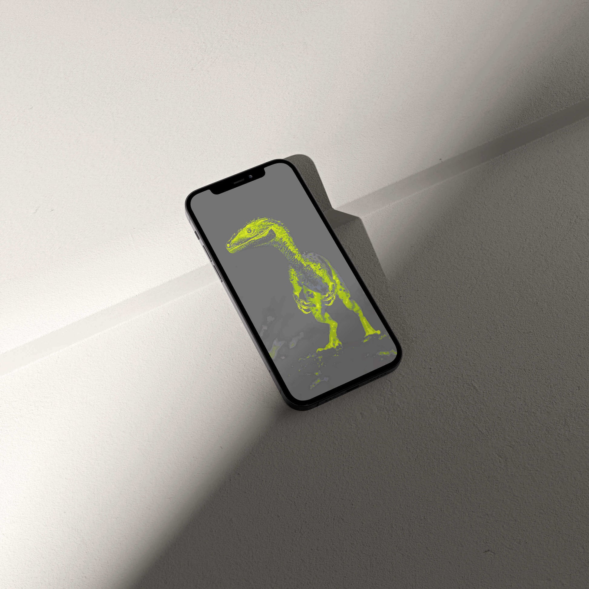 VOSSO® dinosaur-themed digital wallpaper displayed on a smartphone, showcasing vibrant green artistry.