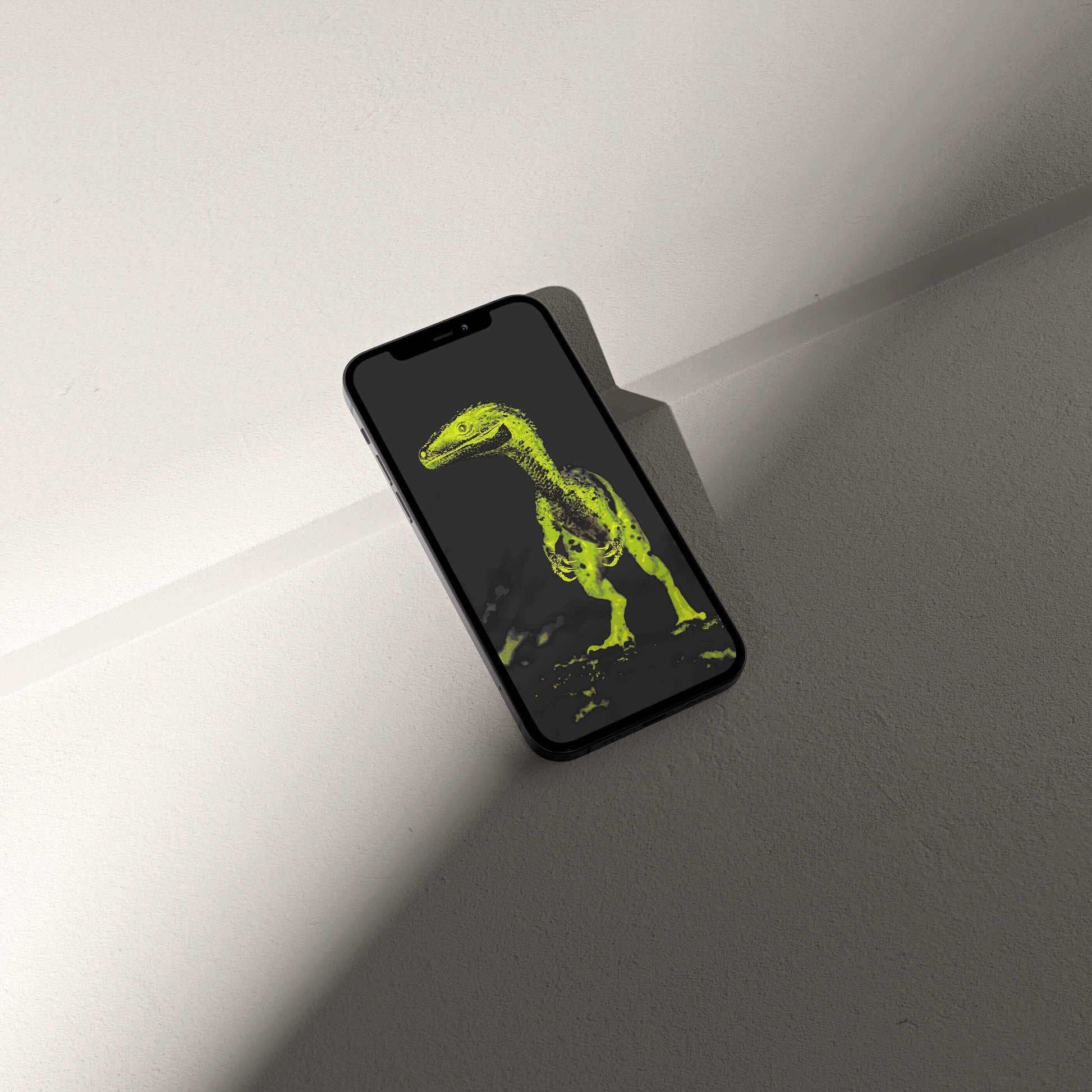Digital Raptor wallpaper displayed on a smartphone, featuring vibrant palaeontological design.