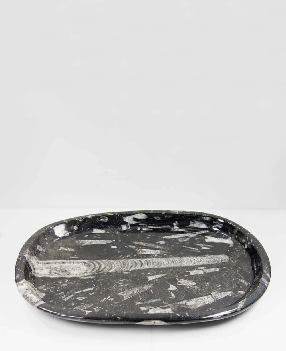 A stunning hand-crafted Devonian marble fossil and quartz mineral bowl for sale for luxury dining measuring 559mm
