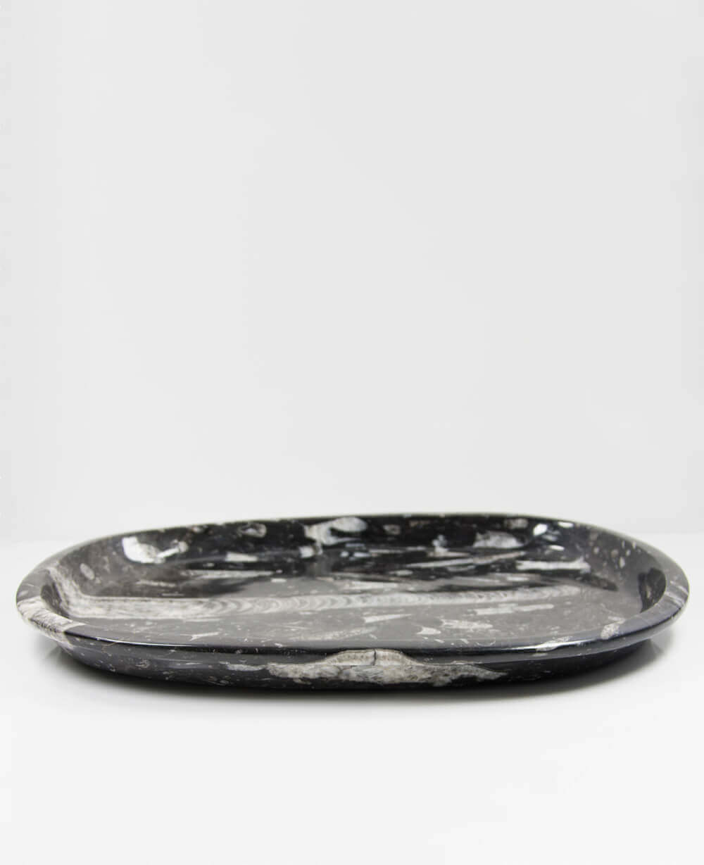 A stunning hand-crafted Devonian marble fossil and quartz mineral bowl for sale for luxury dining measuring 559mm