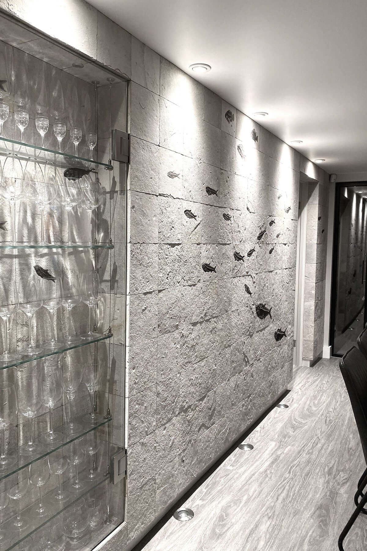 A stunning museum-standard fossil fish mosaic wall series for luxury interior spaces measuring from ten square meters
