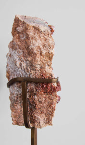 Beautiful red Vanadanite mineral gems in pink stone on a custom designed bronze Stand measuring 240mm